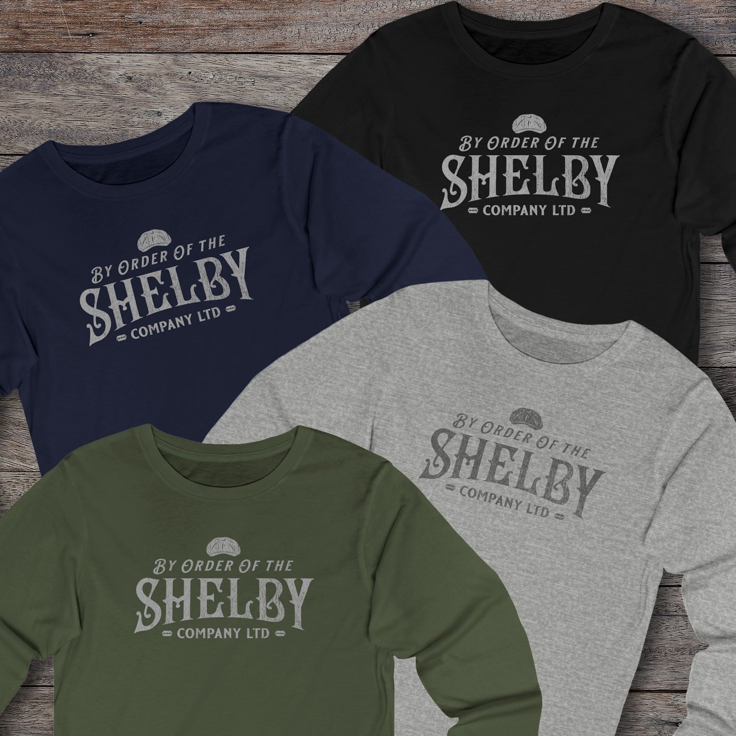 Group of 4 Shelby Company Ltd long-sleeve tee with vintage logo from Peaky Blinders, featuring flat cap and razor blades.
