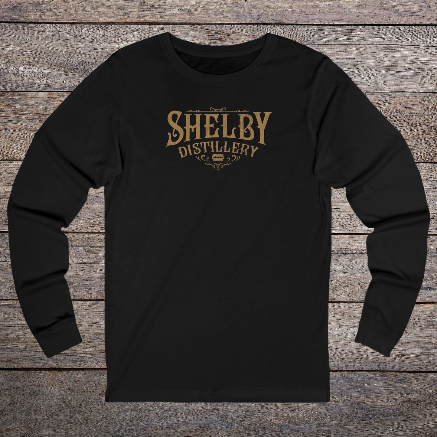 Black Soft Unisex Bella+Canvas 3501 long-sleeve t-shirt featuring a Shelby Company Limited Distillery Logo Graphic inspired by the TV show Peaky Blinders in a vintage distressed style, sold by ScriptedBrand.