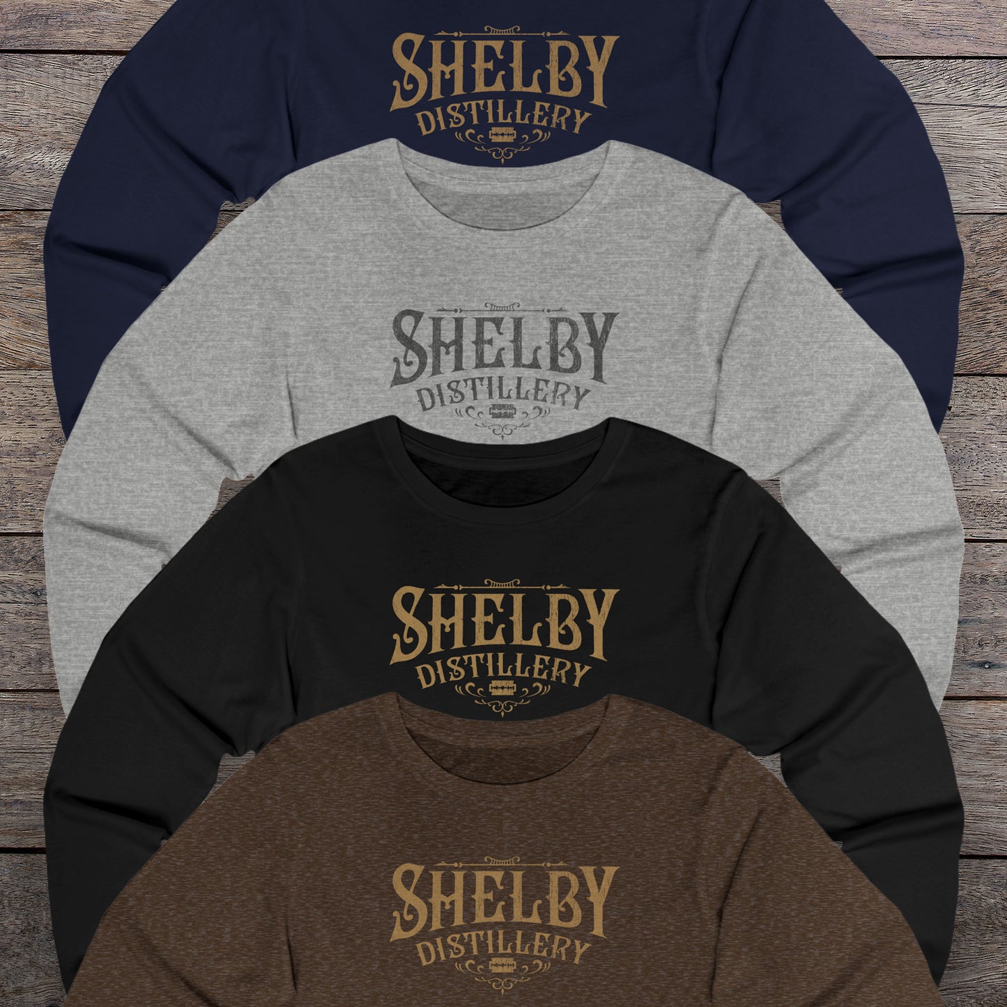 Group of 4 Soft Unisex Bella+Canvas 3501 long-sleeve t-shirts featuring a Shelby Company Limited Distillery Logo Graphic inspired by the TV show Peaky Blinders in a vintage distressed style, sold by ScriptedBrand.