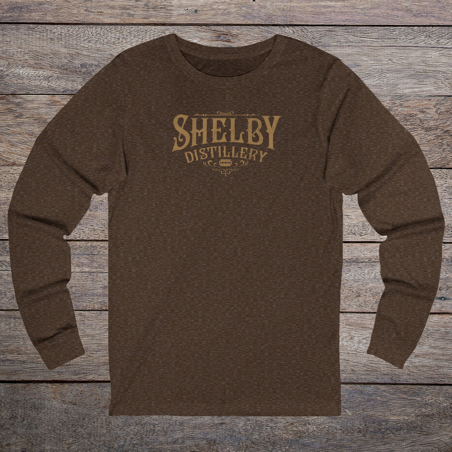 Heather Brown Soft Unisex Bella+Canvas 3501 long-sleeve t-shirt featuring a Shelby Company Limited Distillery Logo Graphic inspired by the TV show Peaky Blinders in a vintage distressed style, sold by ScriptedBrand.