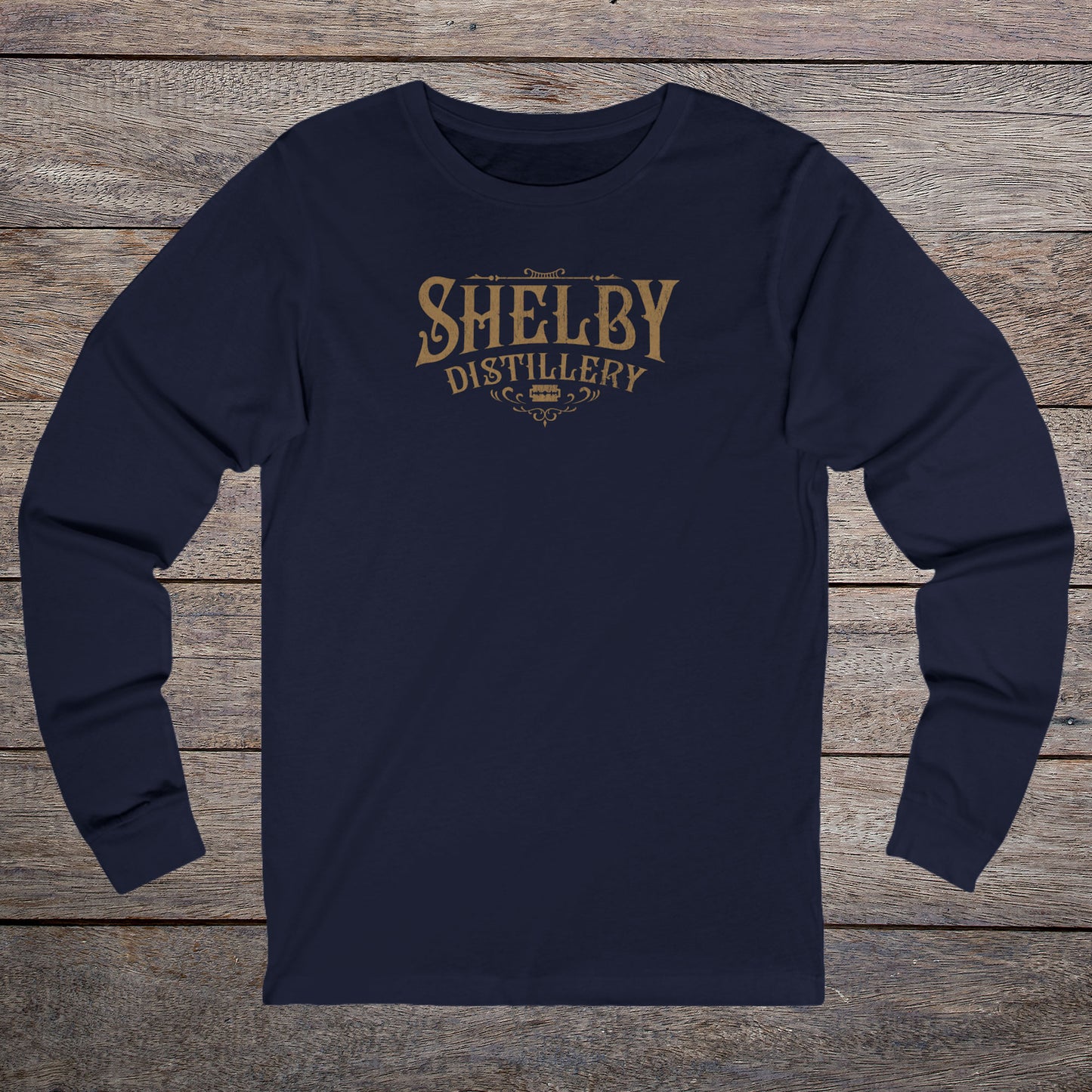 Navy Blue Soft Unisex Bella+Canvas 3501 long-sleeve t-shirt featuring a Shelby Company Limited Distillery Logo Graphic inspired by the TV show Peaky Blinders in a vintage distressed style, sold by ScriptedBrand.