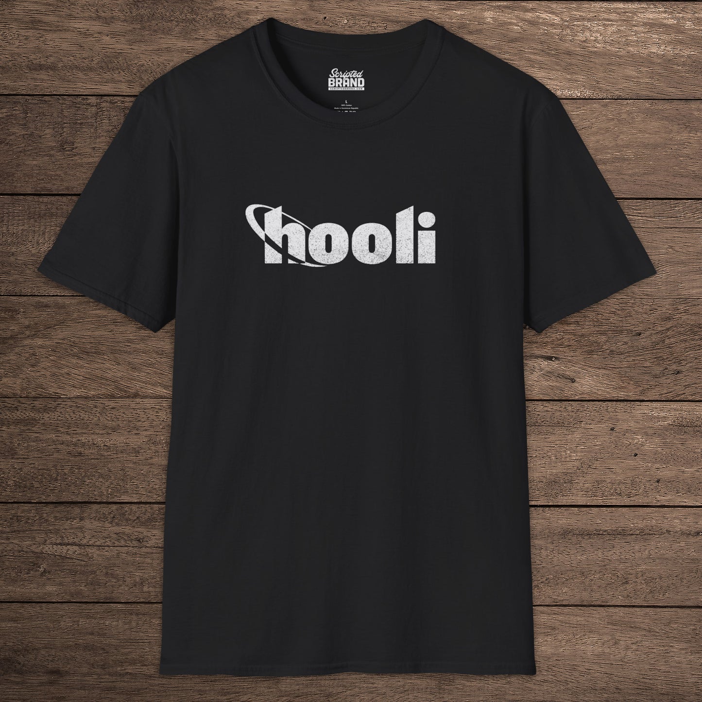 Black t-shirt featuring the Hooli logo from the show Silicon Valley in a vintage distressed style.
