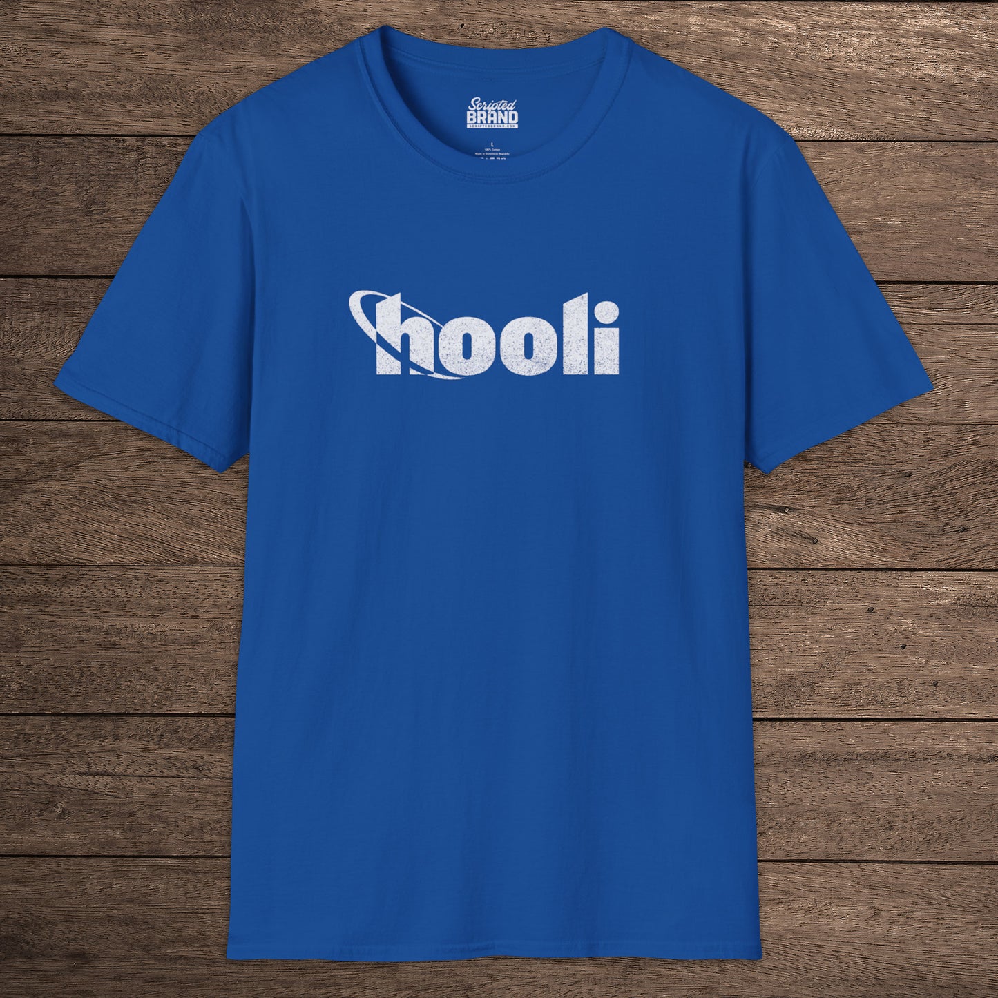 Royal blue t-shirt featuring the Hooli logo from the show Silicon Valley in a vintage distressed style.