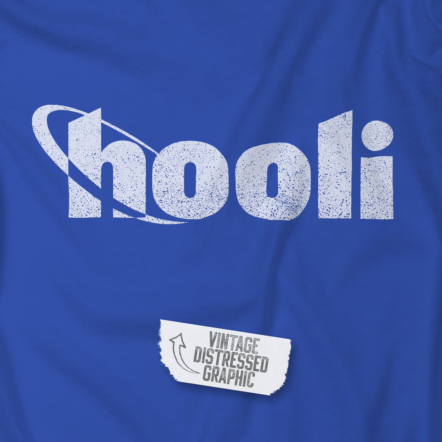 Closeup of a Royal blue t-shirt featuring the Hooli logo from the show Silicon Valley in a vintage distressed style.