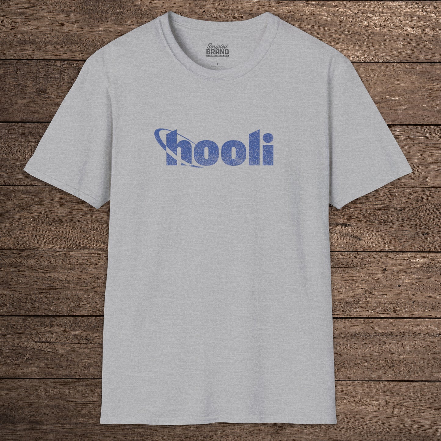 Sport heather gray t-shirt featuring the Hooli logo from the show Silicon Valley in a vintage distressed style.