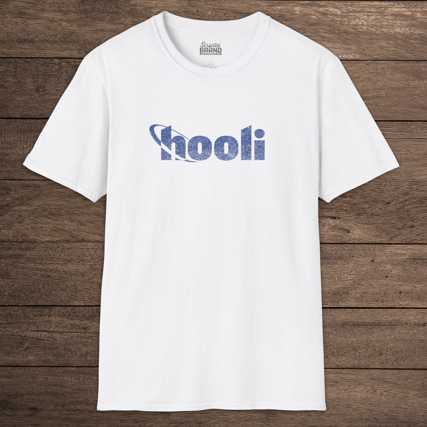 White t-shirt featuring the Hooli logo from the show Silicon Valley in a vintage distressed style.