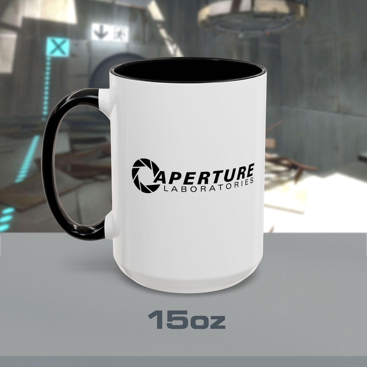 15 oz white Ceramic Accent Mug with the black Aperture Laboratories logo from the video game Portal on both sides. Handle and interior are colored black.