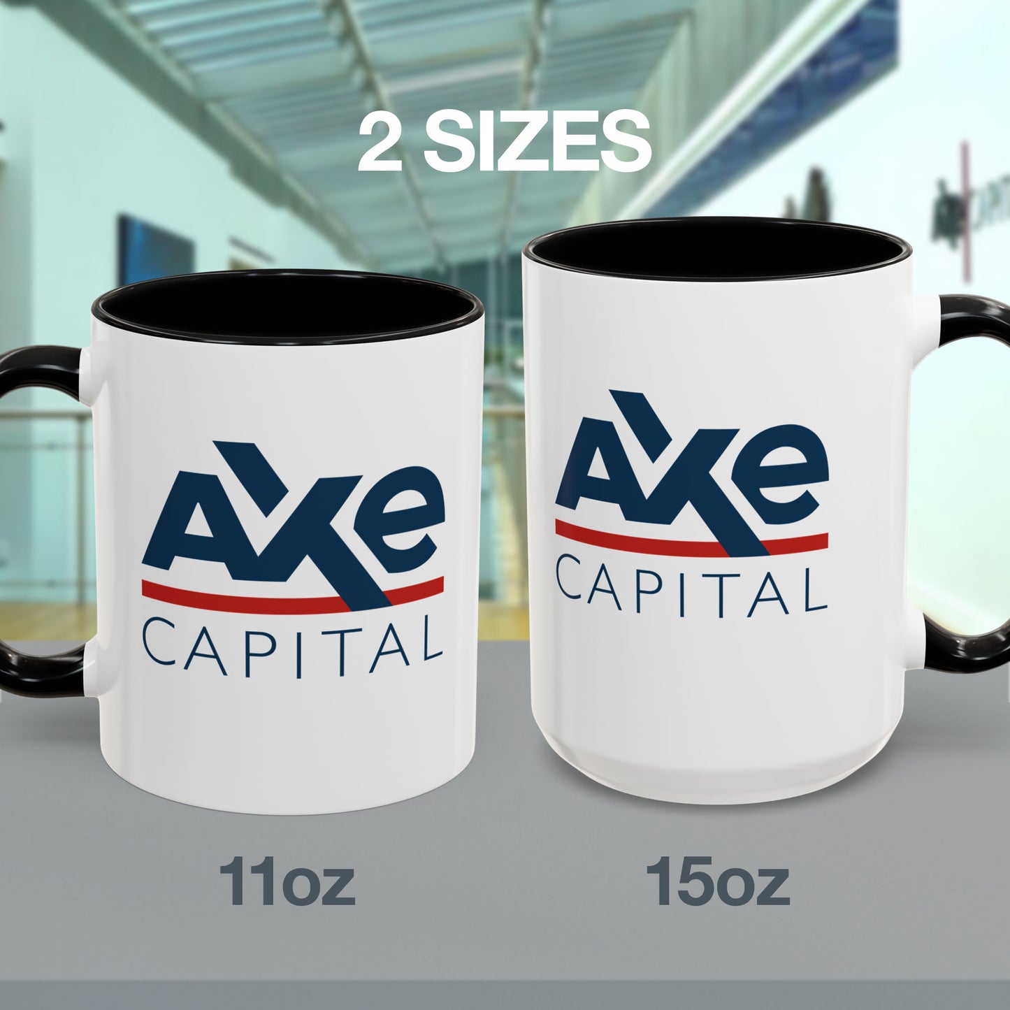 White Ceramic Mugs (11 oz and 15 oz) with black handle/interior featuring the fictional Axe Capital logo from the TV show Billions printed on both sides, sold by ScriptedBrand.
