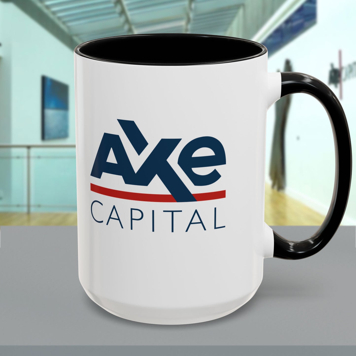 Cover photo of a White Ceramic Mug (11 oz or 15 oz) with black handle/interior featuring the fictional Axe Capital logo from the TV show Billions printed on both sides, sold by ScriptedBrand.