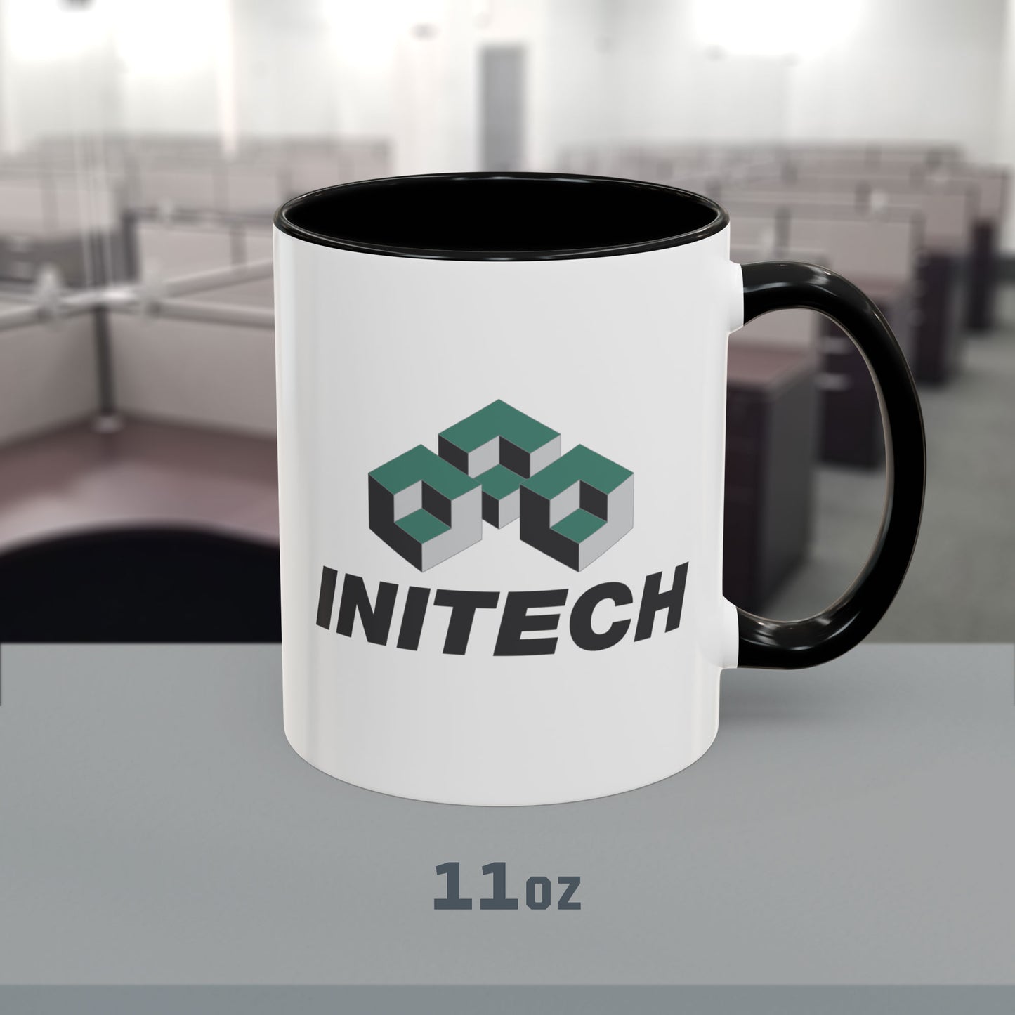 Front view of 11oz White Ceramic Accent Mug with black handle/interior featuring the fictional Initech logo from the movie Office Space printed on both sides, sold by ScriptedBrand.