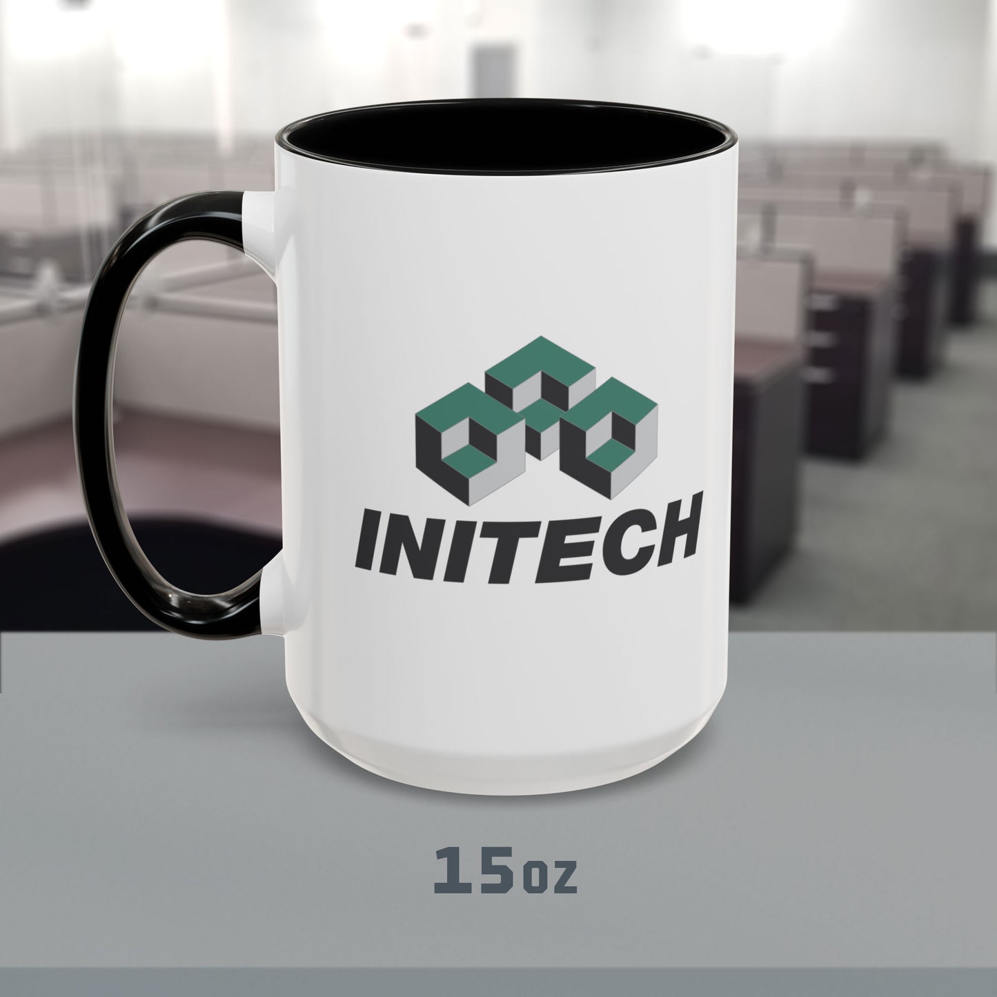 Front view of 15oz White Ceramic Accent Mug with black handle/interior featuring the fictional Initech logo from the movie Office Space printed on both sides, sold by ScriptedBrand.
