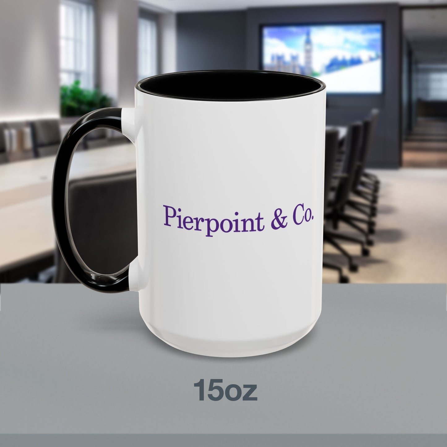 Front view of a 15 oz White Ceramic Mug with black handle/interior featuring the purple Pierpoint & Co logo from the HBO TV show Industry printed on both sides, sold by ScriptedBrand.