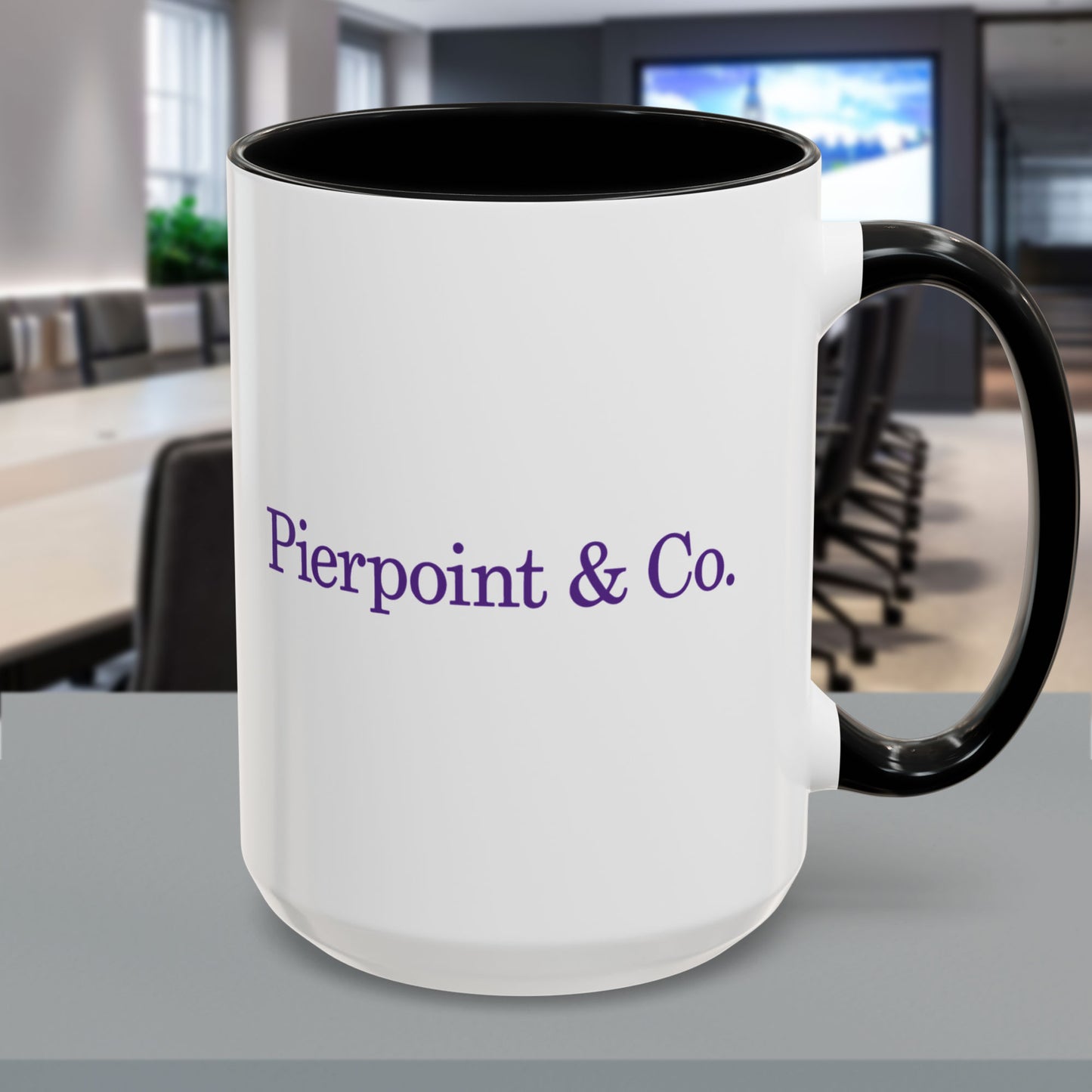 Cover image of a White Ceramic Mug (11 oz or 15 oz) with black handle/interior featuring the purple Pierpoint & Co logo from the HBO TV show Industry printed on both sides, sold by ScriptedBrand.