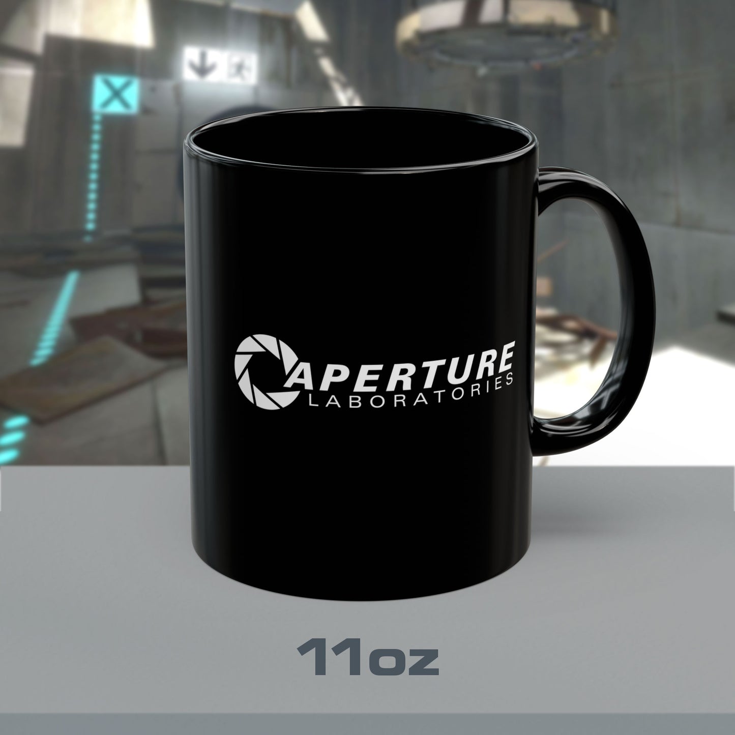 11 oz Black Ceramic Mug with a white Aperture Laboratories logo from the video game Portal and Portal 2 on both sides, sold by ScriptedBrand.