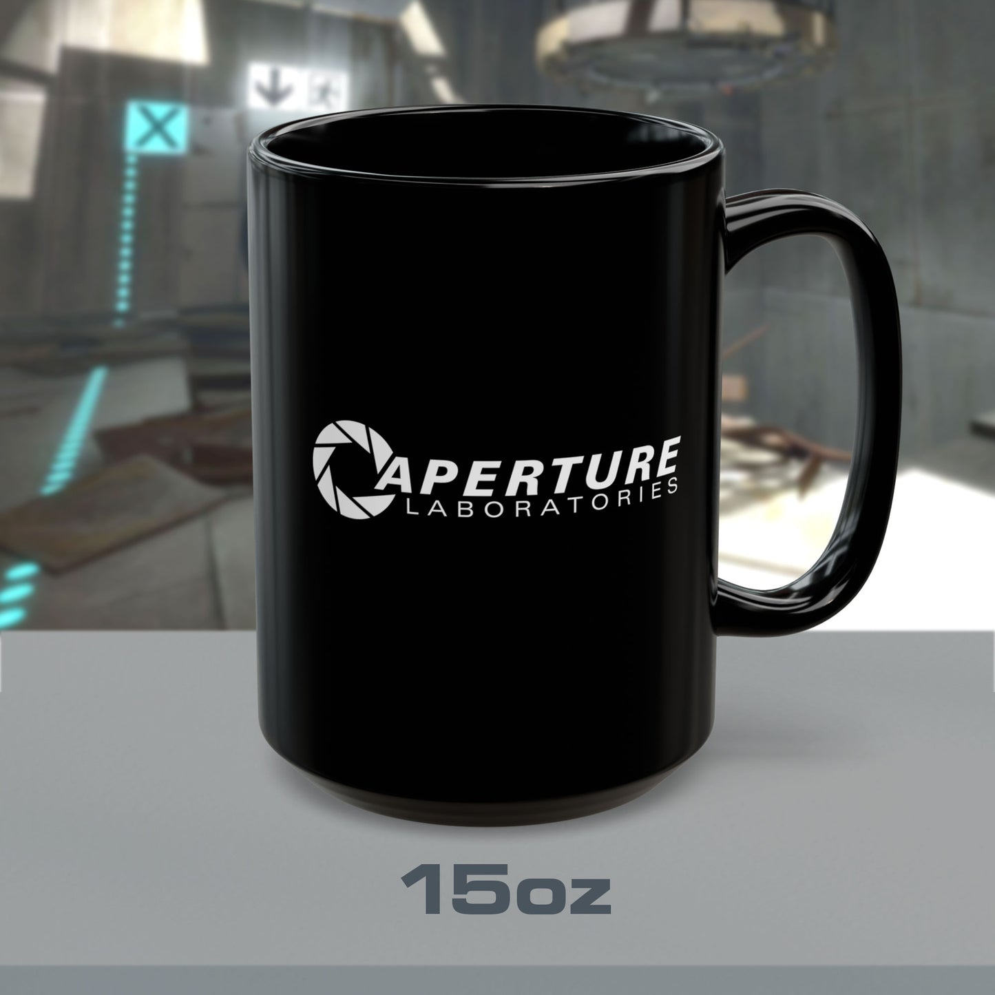 15 oz Black Ceramic Mug with the white Aperture Laboratories logo from the video game Portal and Portal 2 on both sides, sold by ScriptedBrand.