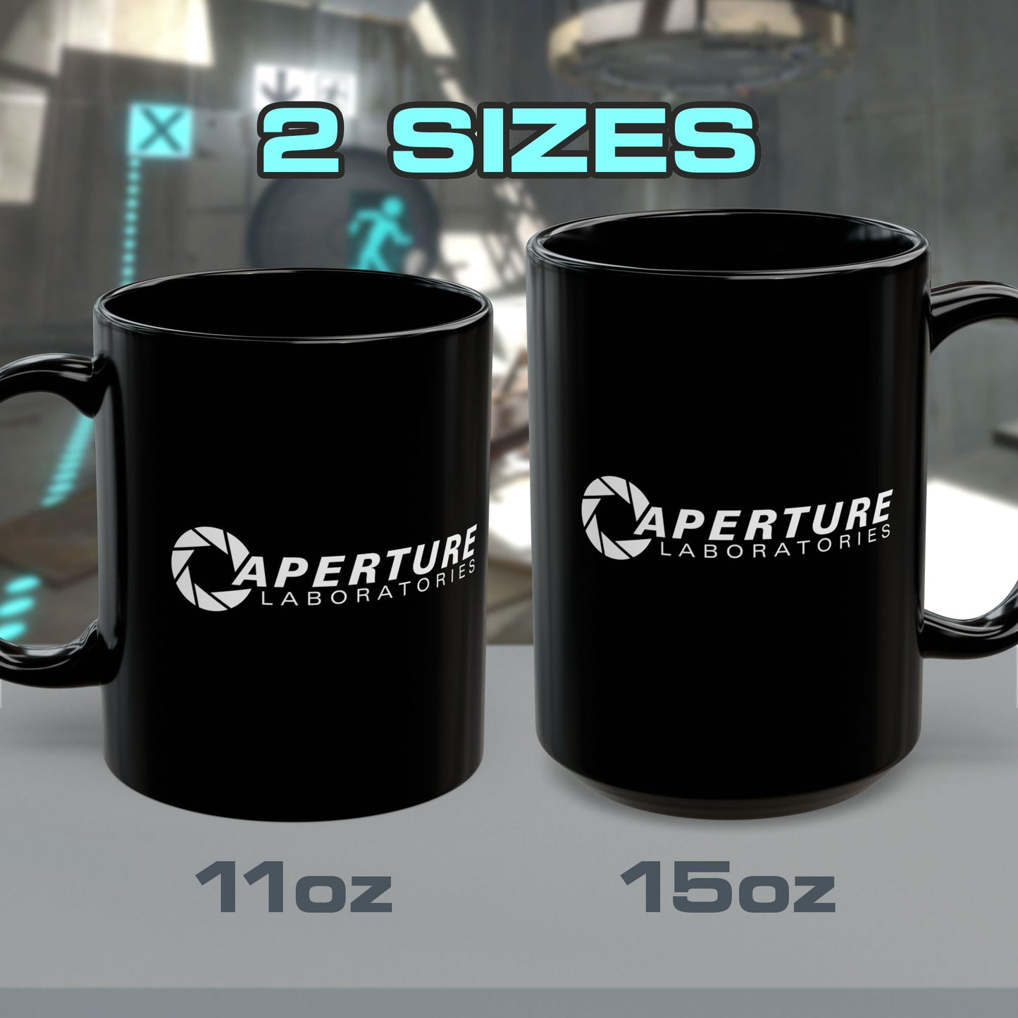 15 oz and 11 oz Black Ceramic Mug with the white Aperture Laboratories logo from the video game Portal and Portal 2 on both sides, sold by ScriptedBrand.