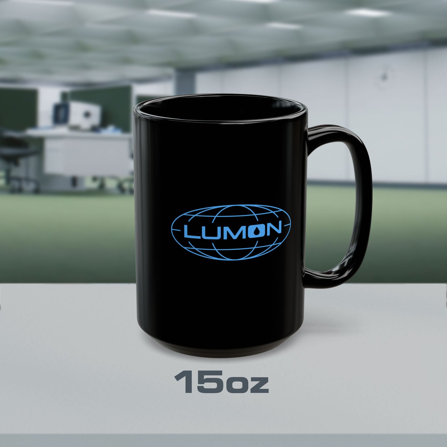 15 oz Black Ceramic Mug with the Lumon Industries logo from the Apple TV show Severance printed on both sides.