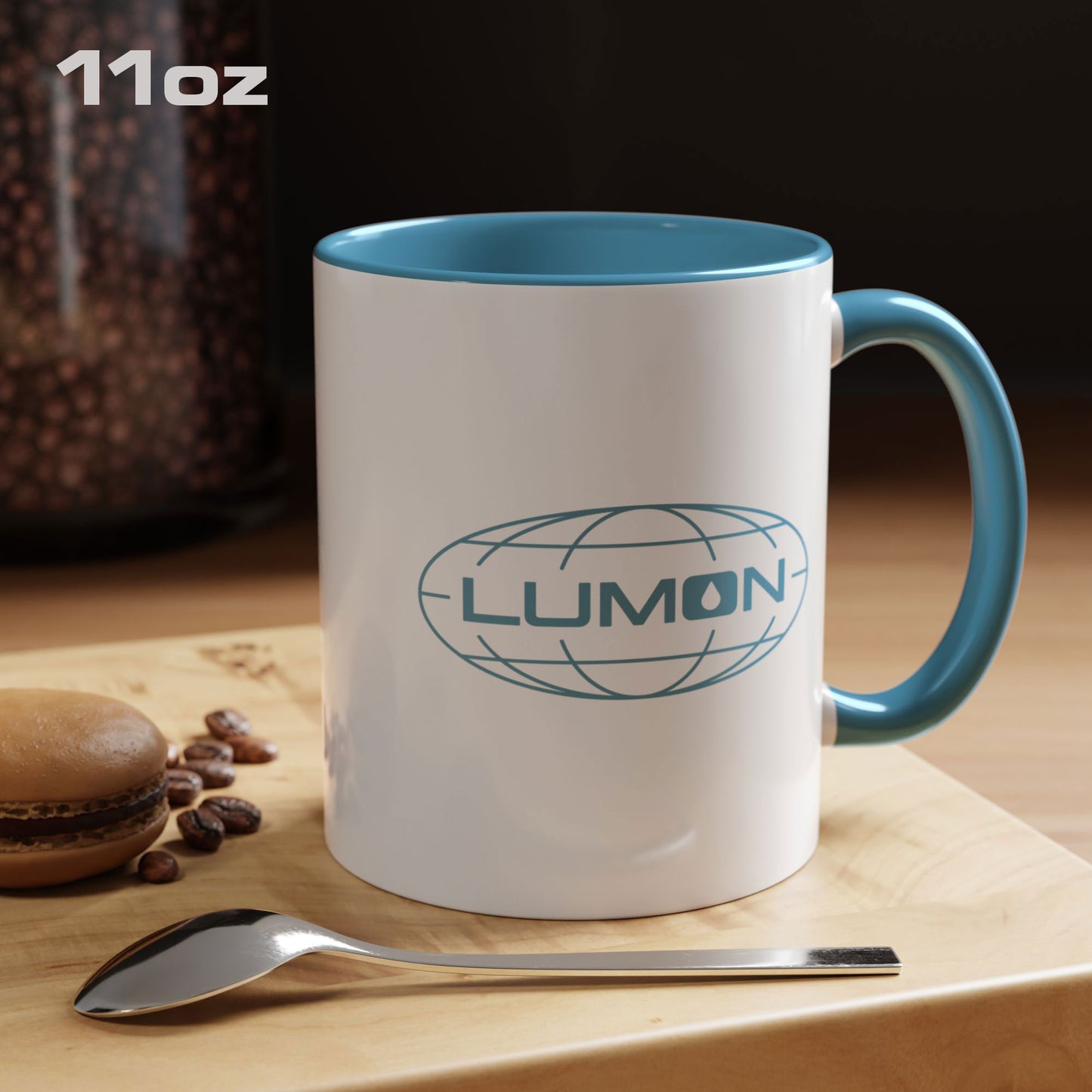 11 oz white Ceramic Mug with the blue Lumon Industries logo from the Apple TV show Severance shown in a kitchen.