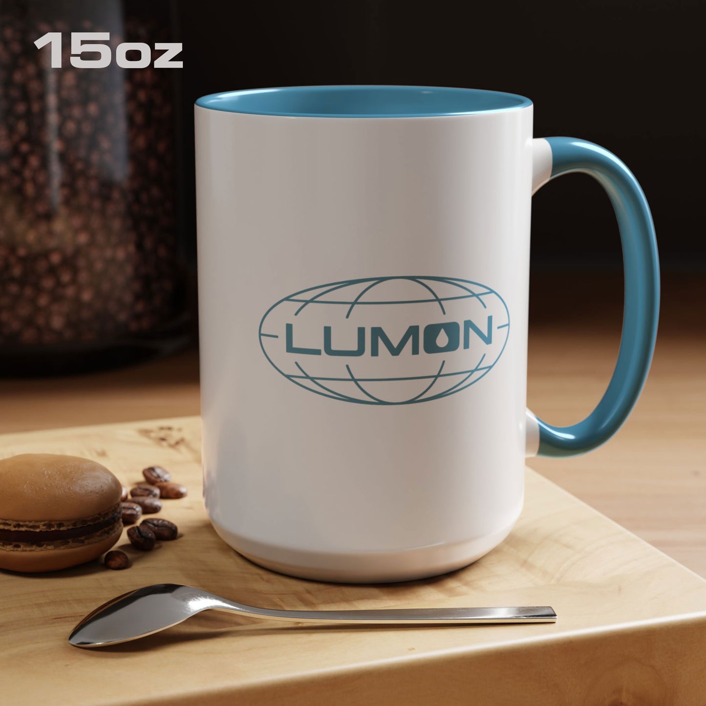 15 oz white Ceramic Mug with the blue Lumon Industries logo from the Apple TV show Severance shown in a kitchen.