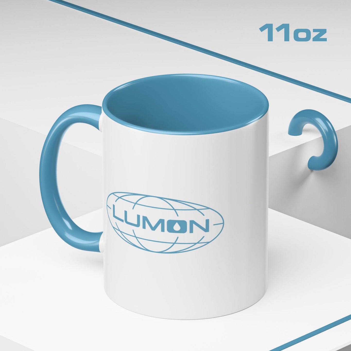 Angled view of 11 oz white Ceramic Mug with the blue Lumon Industries logo from the Apple TV show Severance.