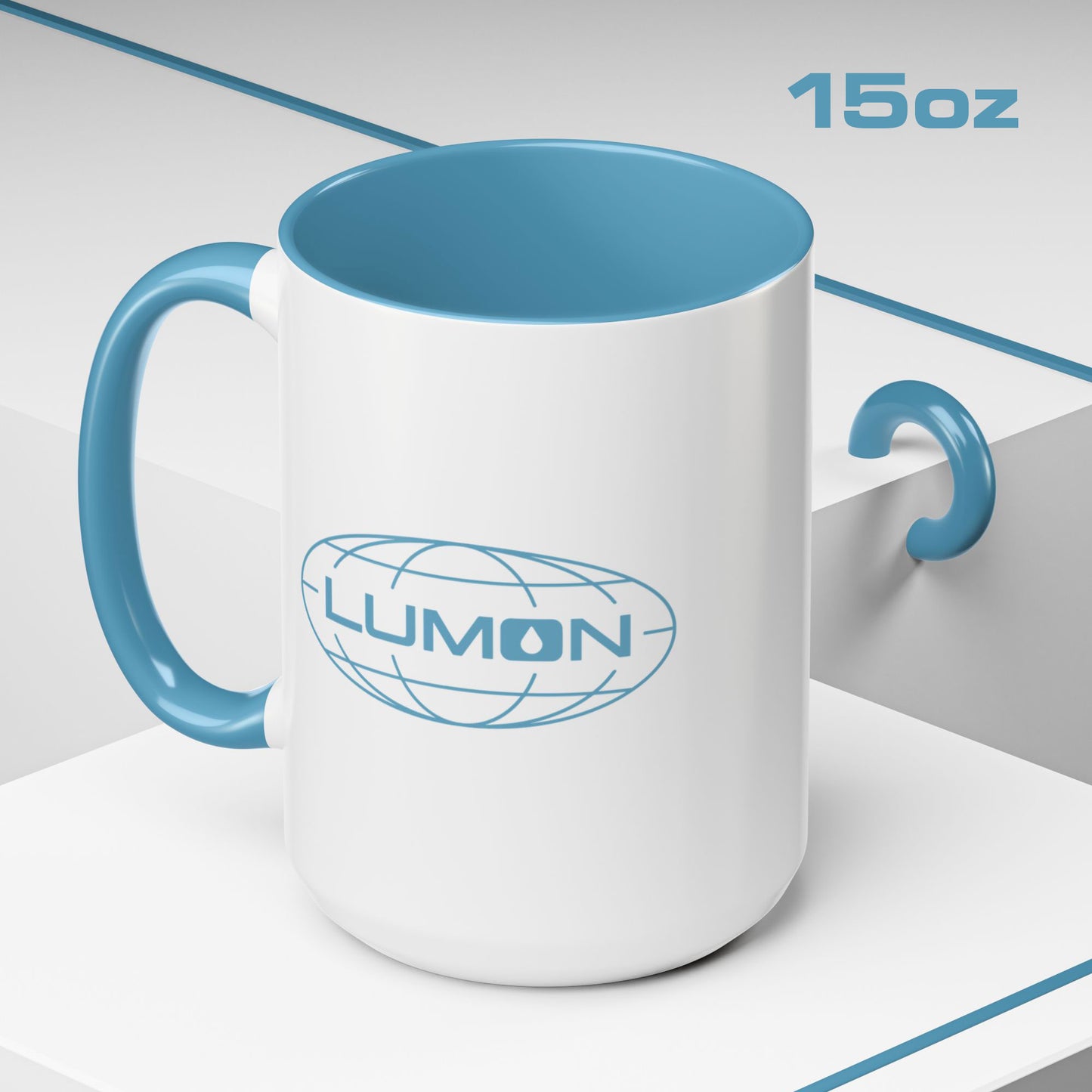 Angled view of 15 oz white Ceramic Mug with the blue Lumon Industries logo from the Apple TV show Severance.