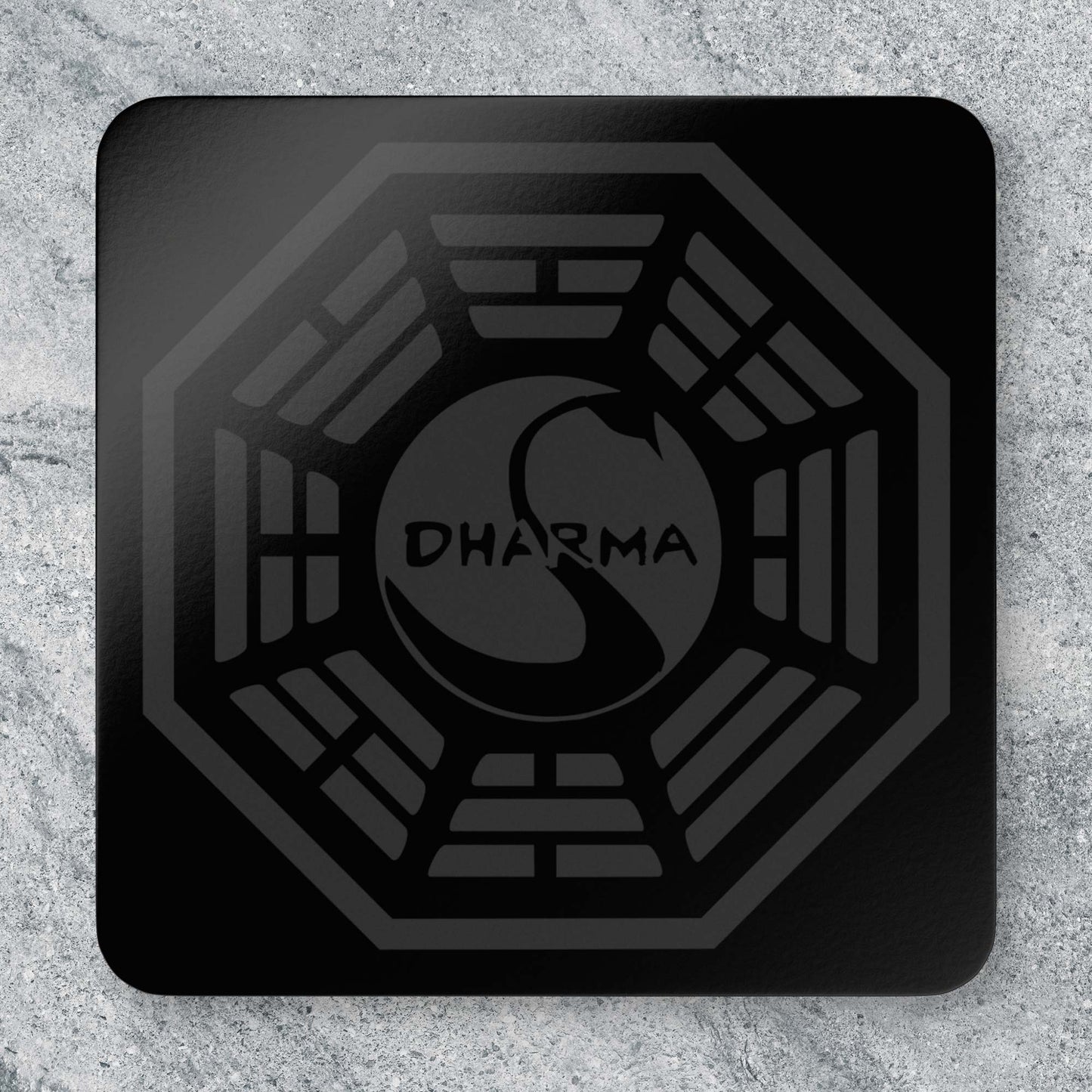 Topdown view of single Corkwood Coaster featuring the Dharma Initiative Swan Station logo graphic from the TV show LOST.