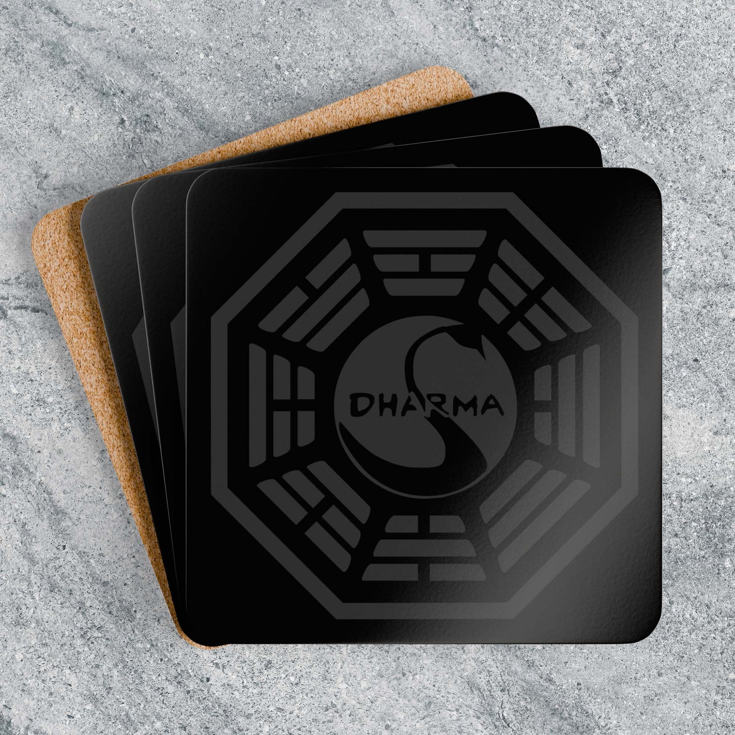 Topdown view of Set of 4 Corkwood Coasters featuring the Dharma Initiative Swan Station logo graphic from the TV show LOST.