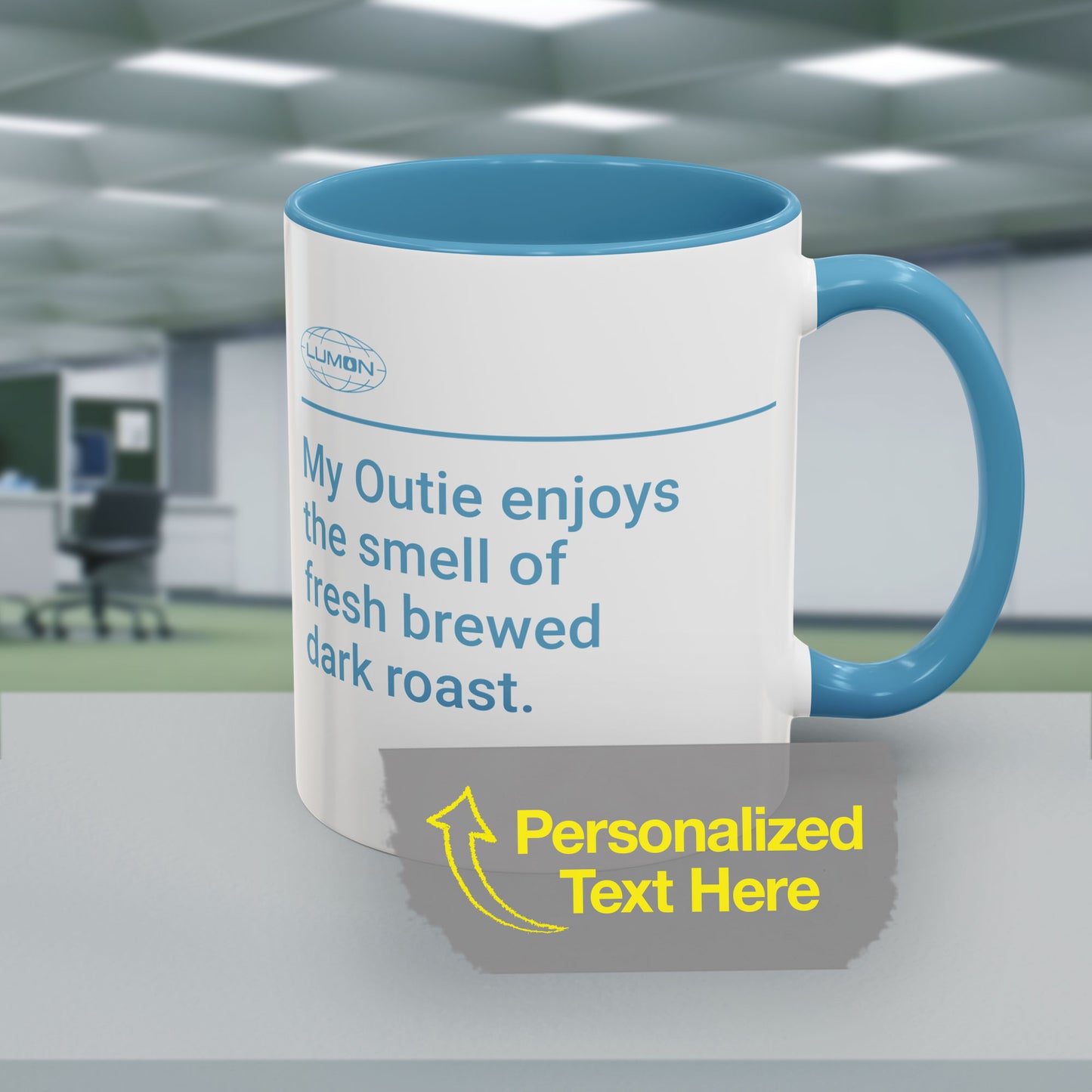 Mockup of a White Ceramic Mug (11 oz or 15 oz) with the blue Lumon Industries logo on one side and customizable text on the other side (up to 120 characters) inspired by the Apple TV show Severance. Custom text is "My Outie enjoys the smell of fresh brewed dark roast."