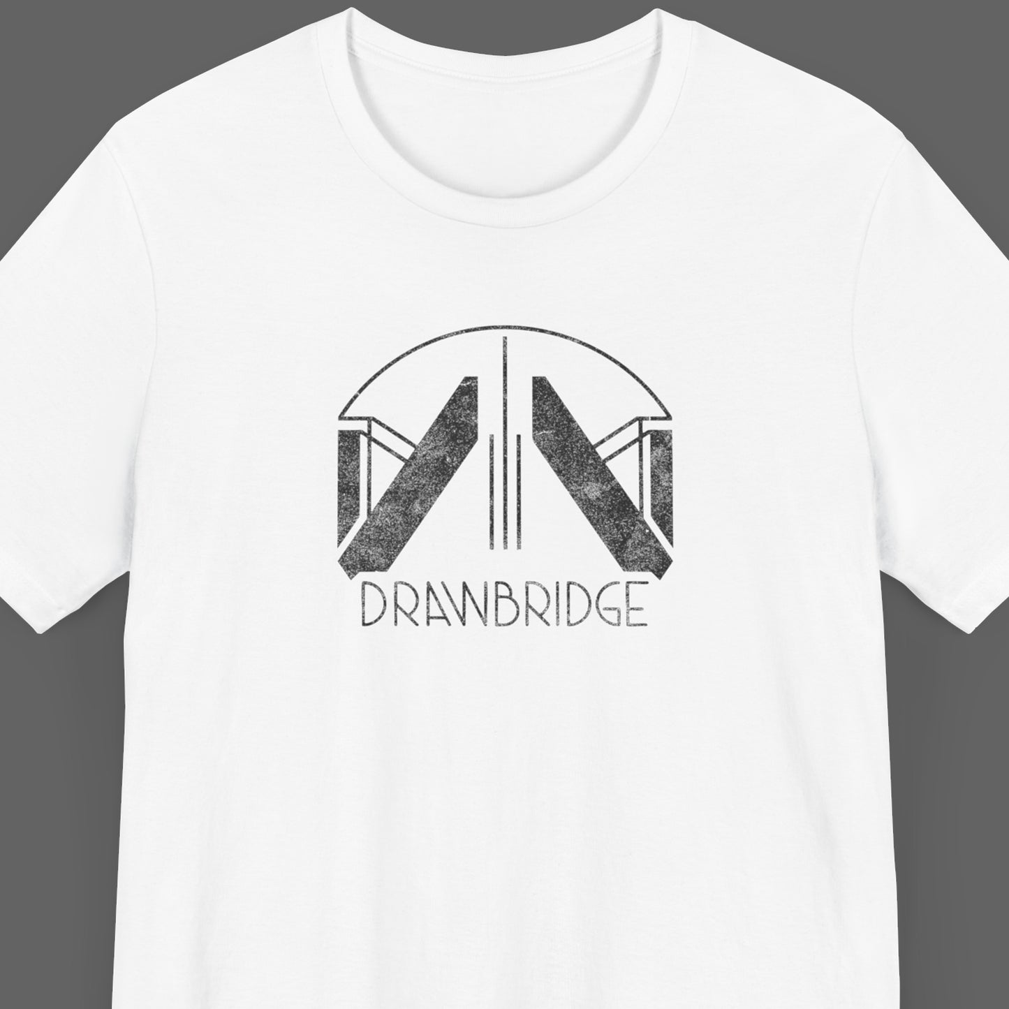 Front view of a white colored soft Bella+Canvas 3001 short-sleeve t-shirt featuring the Drawbridge logo from the video game Death Stranding 2, in a vintage distressed style, sold by ScriptedBrand.