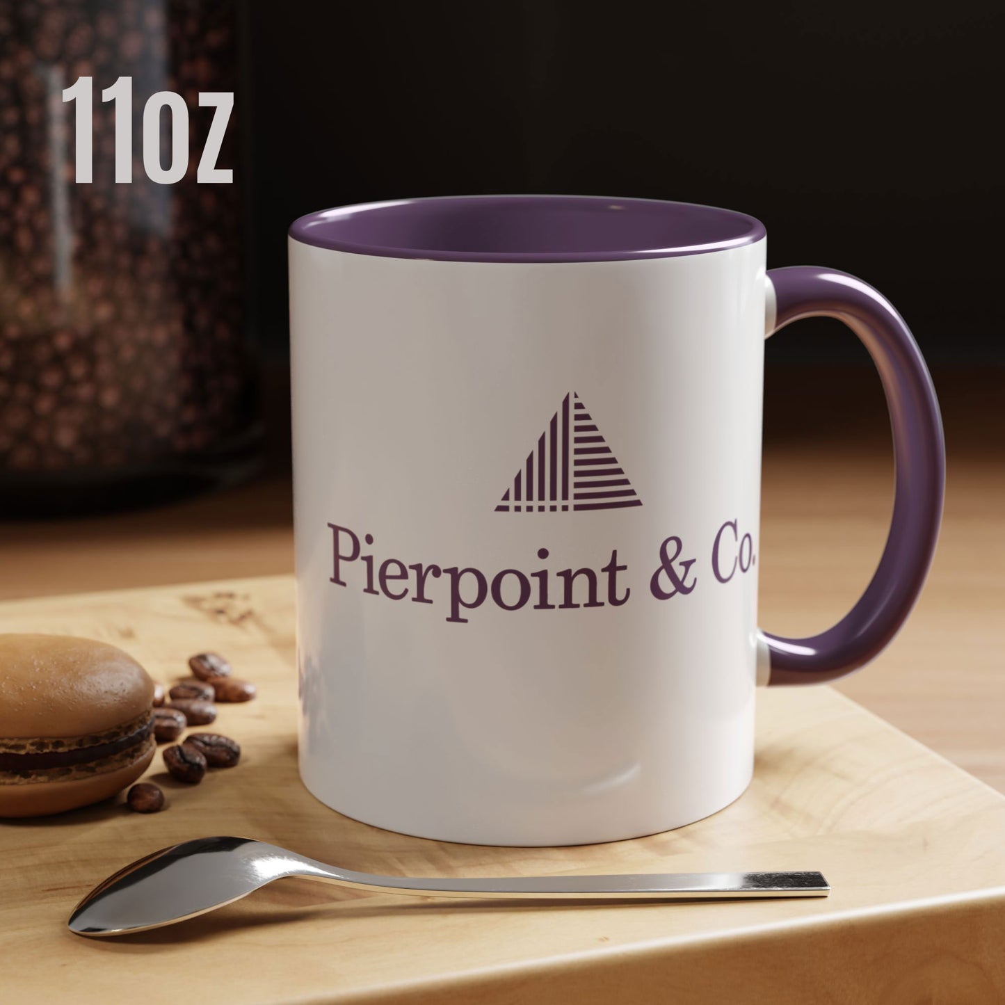 Kitchen view of 11 oz white ceramic mug with purple Pierpoint & Co. logo, handle, and interior inspired by the HBO series Industry.