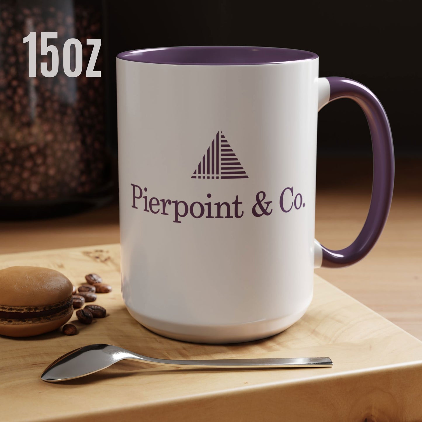 Kitchen view of 15 oz white ceramic mug with purple Pierpoint & Co. logo, handle, and interior inspired by the HBO series Industry.