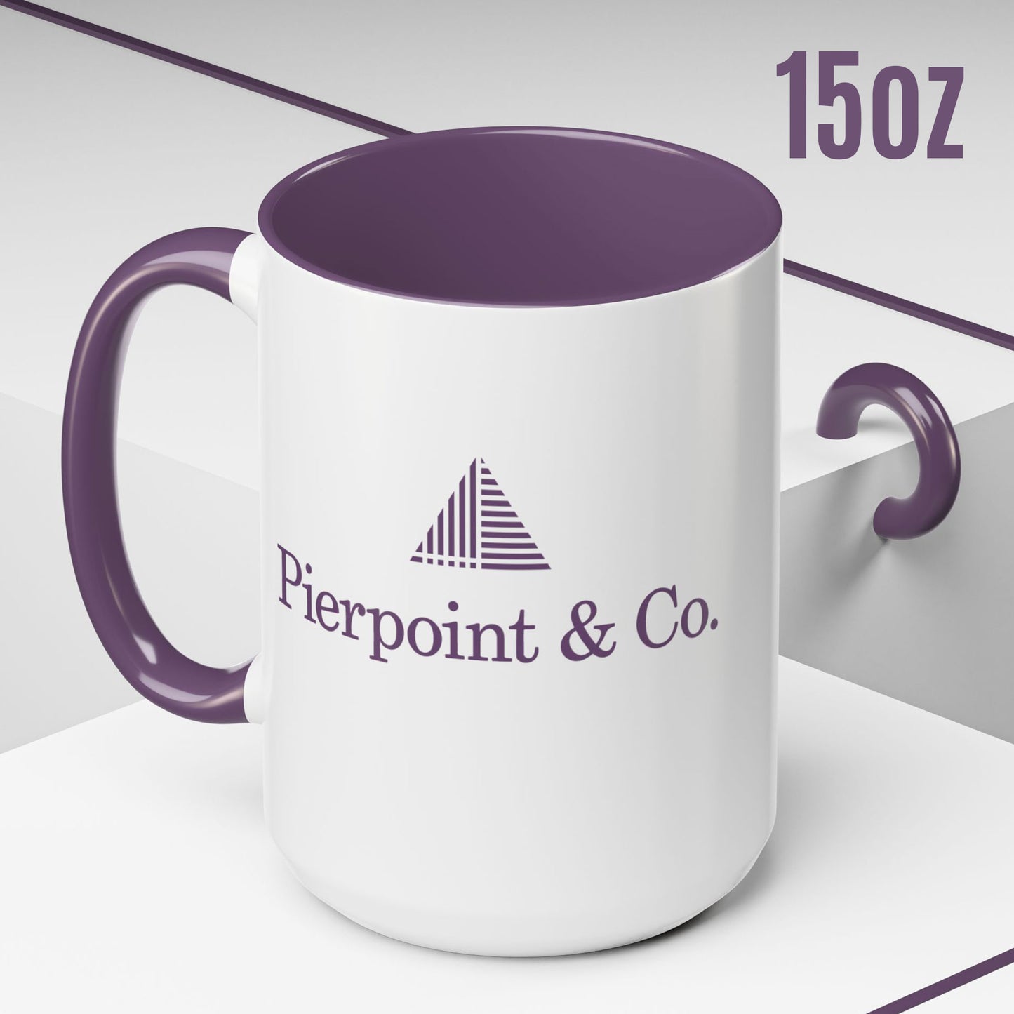 Angled view of 15 oz white ceramic mug with purple Pierpoint & Co. logo, handle, and interior inspired by the HBO series Industry.