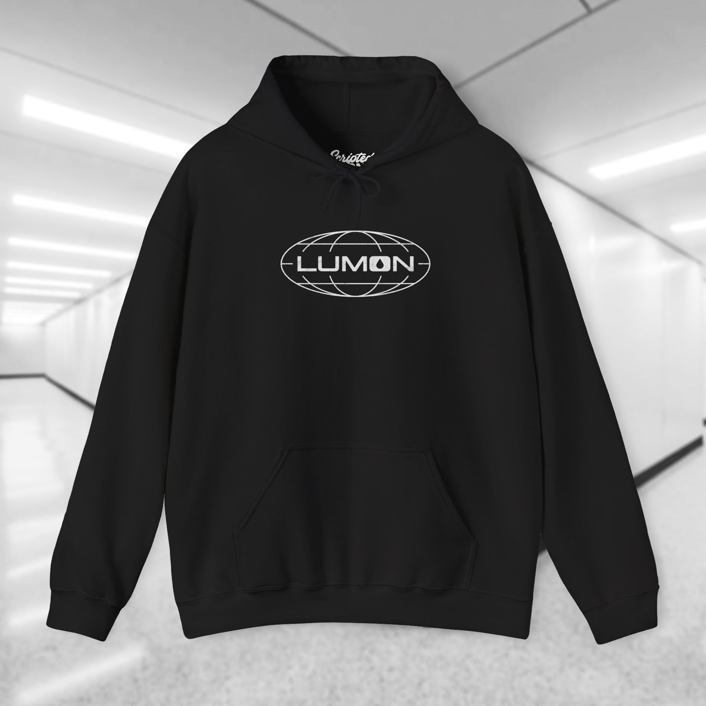 Black colored Soft Unisex Heavy Blend Hooded Sweatshirt featuring the fictional Lumon Industries logo from the Apple TV show Severance.