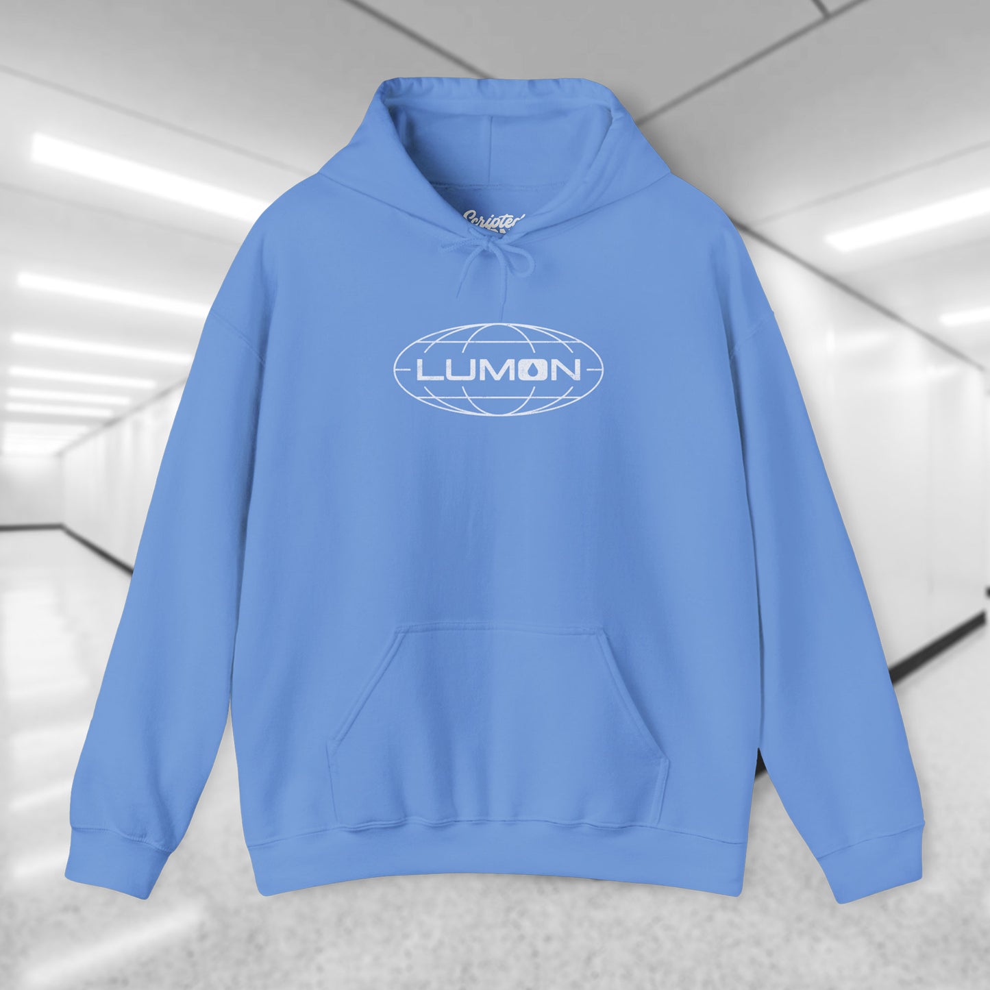 Carolina blue colored Soft Unisex Heavy Blend Hooded Sweatshirt featuring the fictional Lumon Industries logo from the Apple TV show Severance.