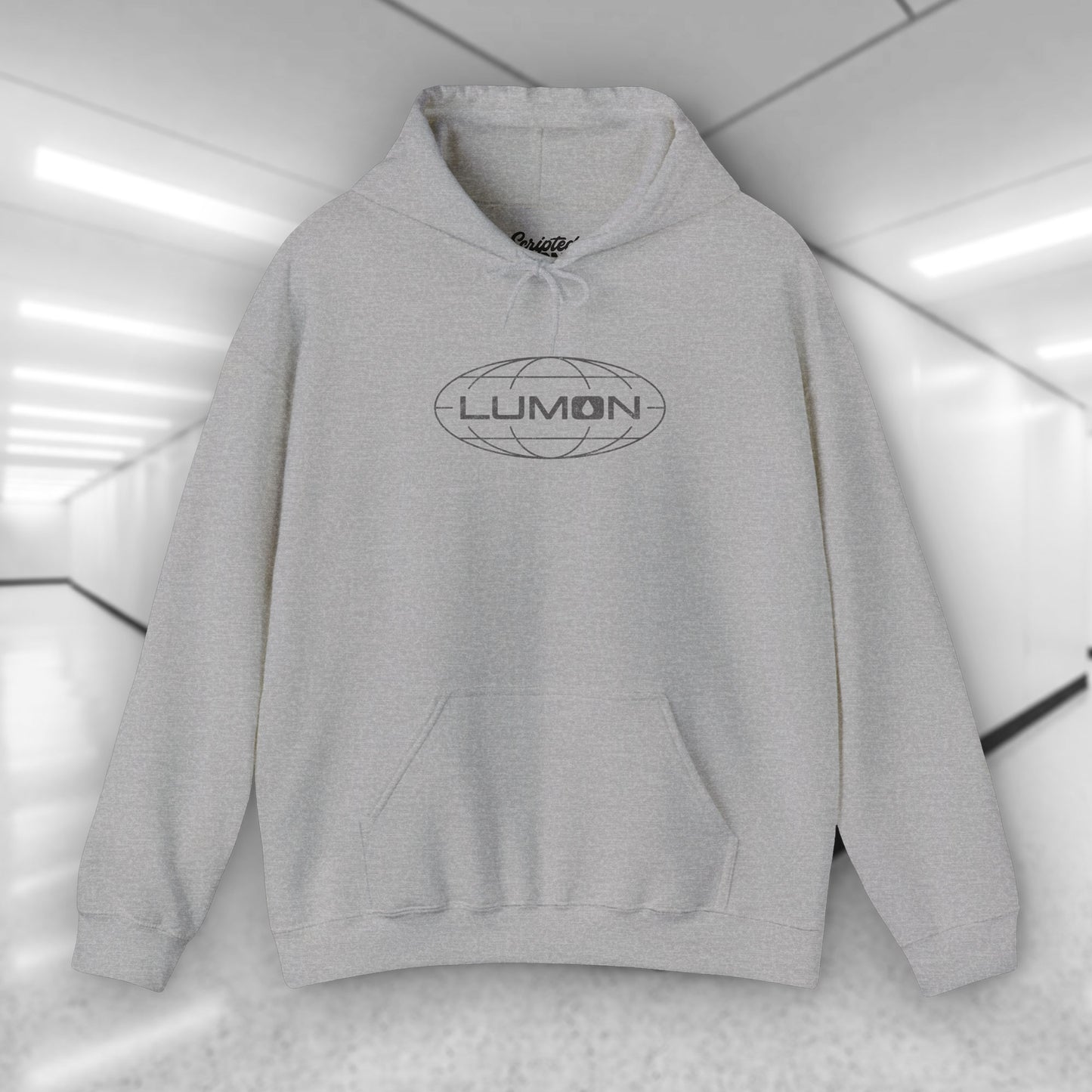 Sport Heather Gray colored Soft Unisex Heavy Blend Hooded Sweatshirt featuring the fictional Lumon Industries logo from the Apple TV show Severance.
