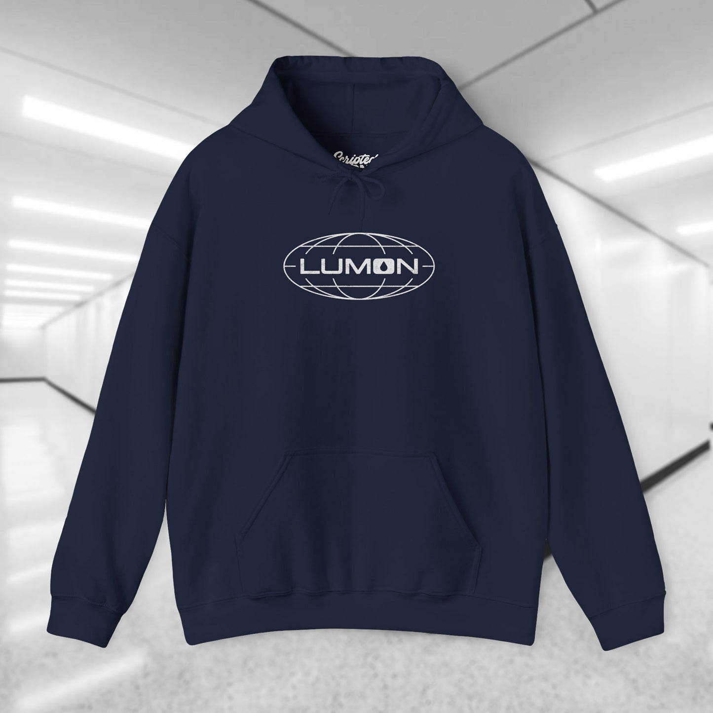 Navy blue colored Soft Unisex Heavy Blend Hooded Sweatshirt featuring the fictional Lumon Industries logo from the Apple TV show Severance.
