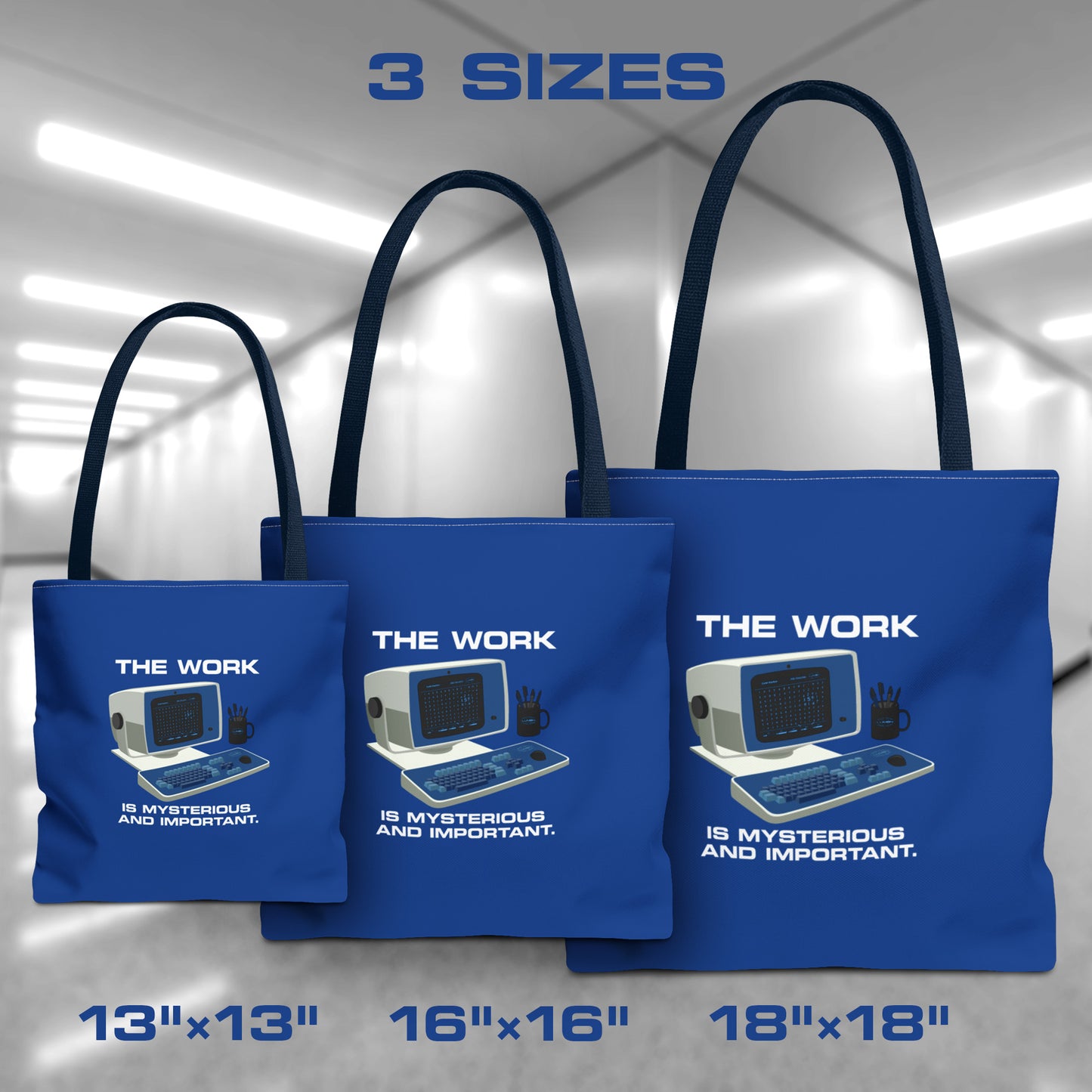 Group of Blue Tote Bags featuring the retro computer workstation from the Apple TV show Severance, and includes the text The Work is Mysterious and Important. Graphic is designed and illustrated by ScriptedBrand, and is available in 3 sizes.