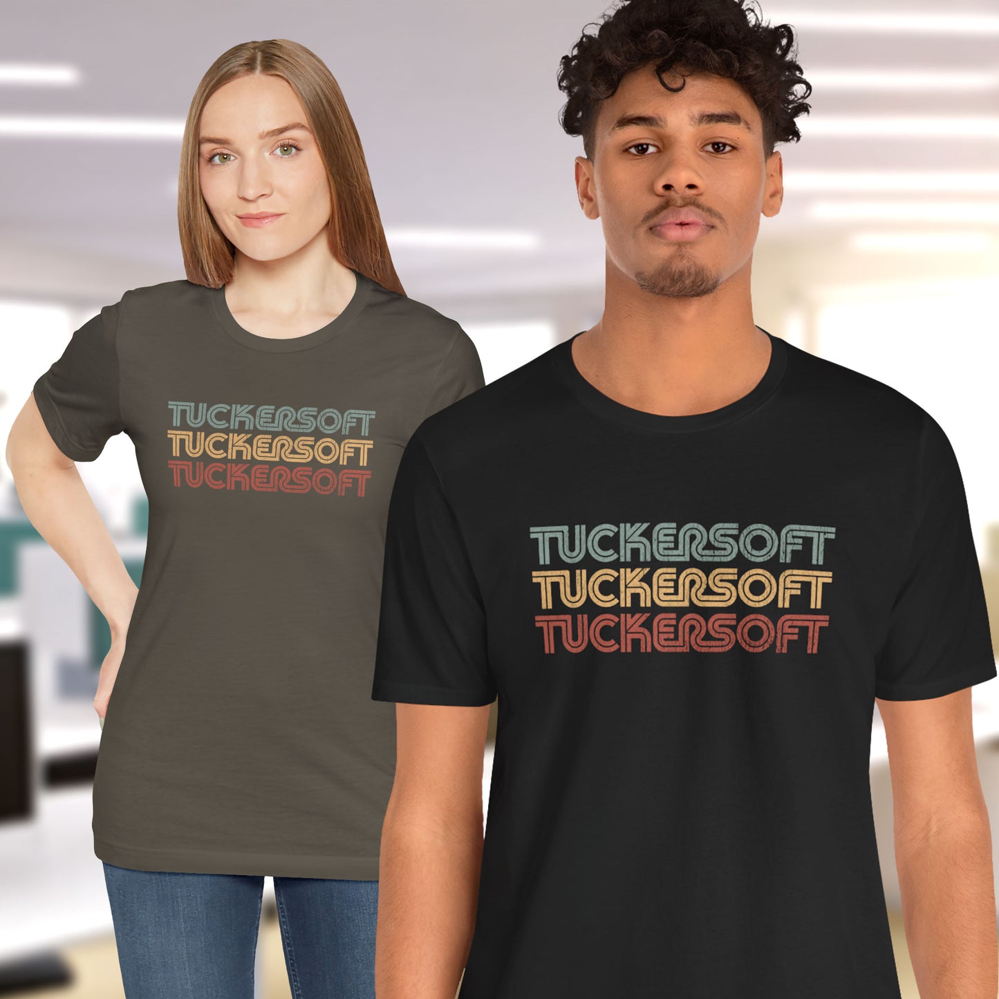 2 models wearing black and army colored soft Bella+Canvas 3001 short-sleeve t-shirt tee featuring a logo graphic of the 1980s fictional video game company Tuckersoft inspired by the TV show Black Mirror and the episode Bandersnatch in a vintage distressed style, sold by ScriptedBrand.