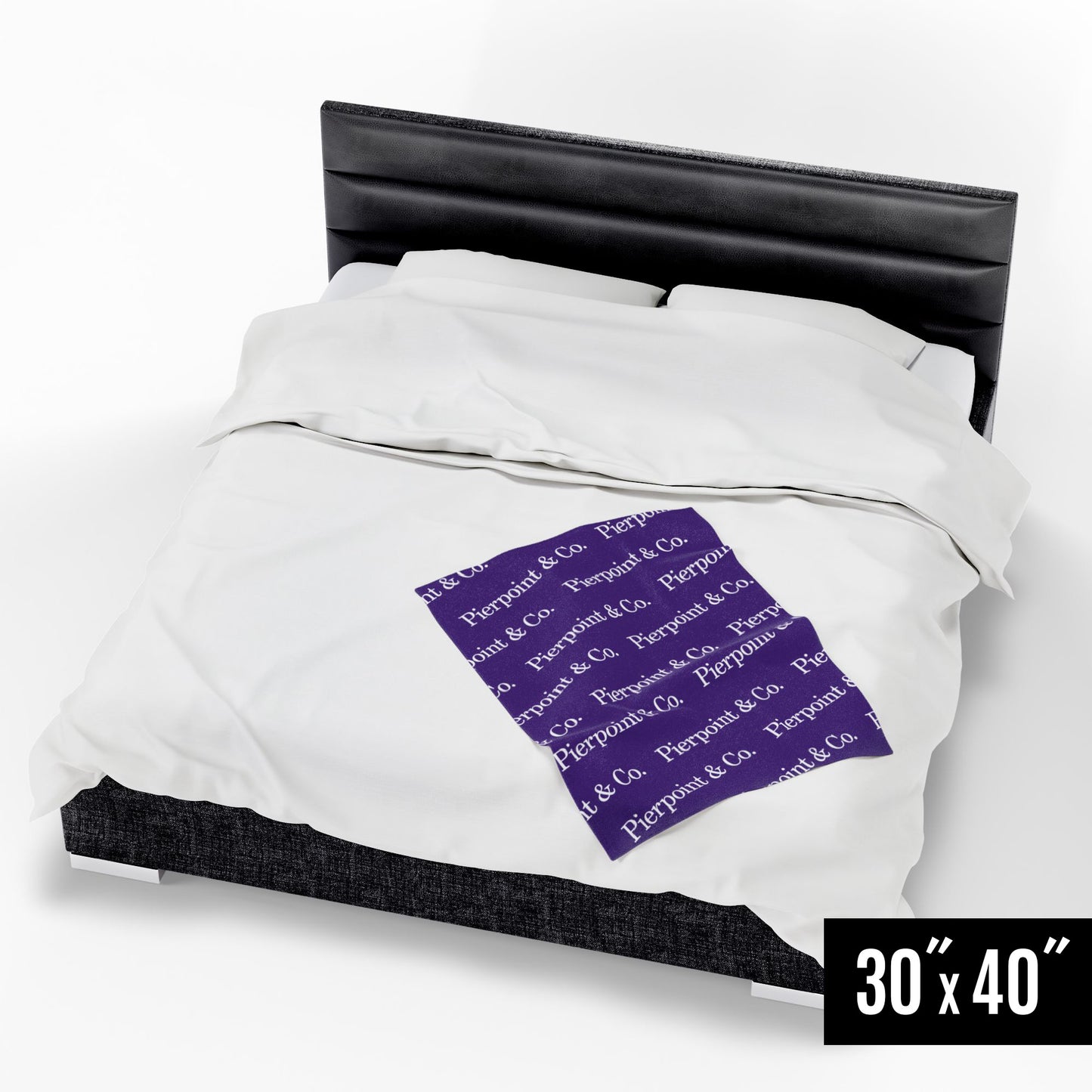 Angled view of 30" x 40" Velveteen Plush Blanket featuring a step and repeat pattern of Pierpoint & Co. logo from the HBO TV show Industry, on a queen bed.