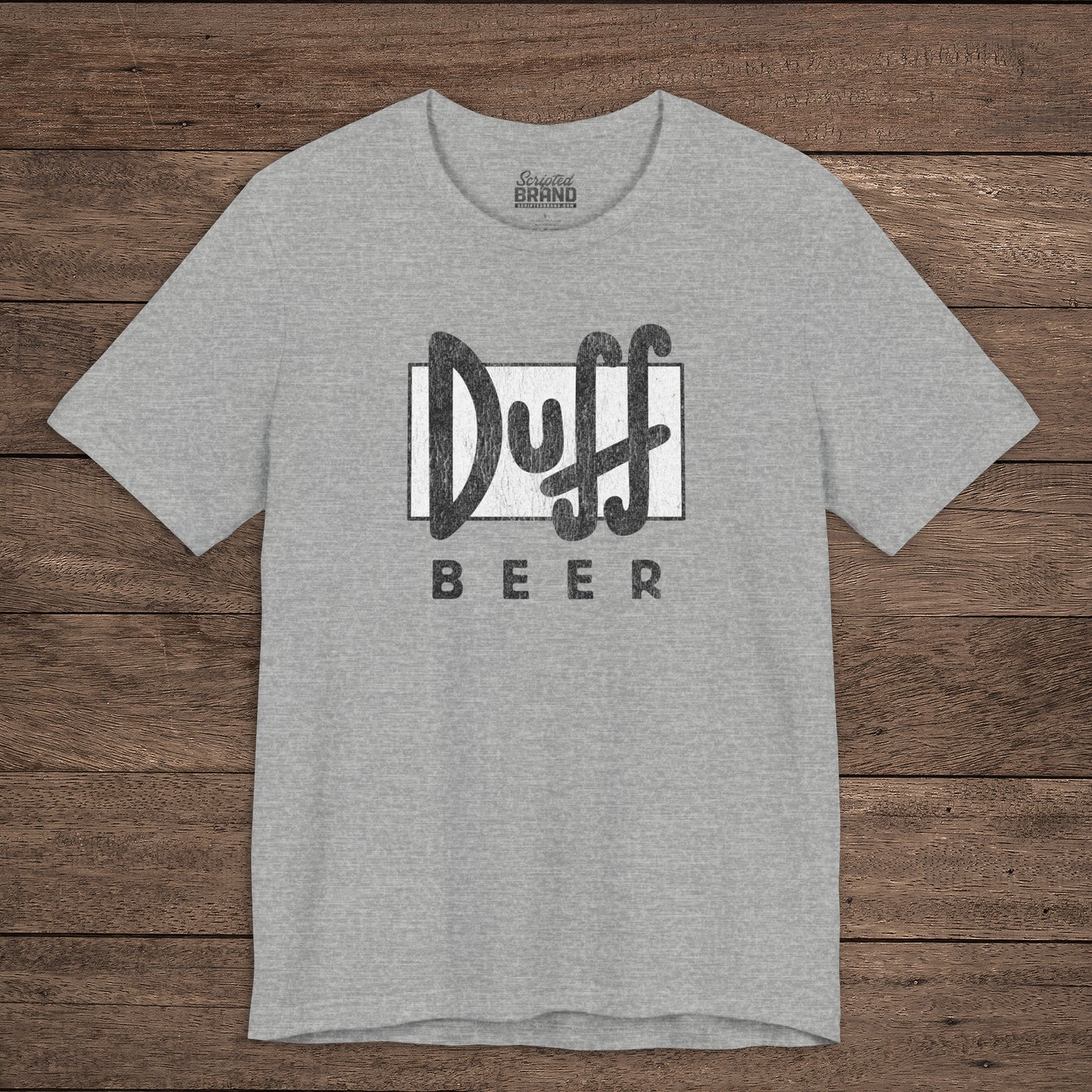 Athletic Heather Gray t-shirt featuring the Duff Beer logo from the TV Show The Simpsons in vintage distressed style.