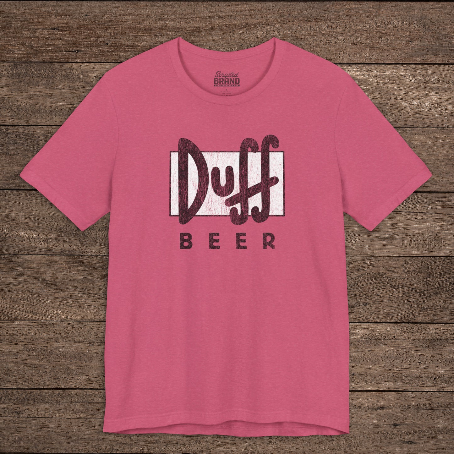 Heather Raspberry t-shirt featuring the Duff Beer logo from the TV Show The Simpsons in vintage distressed style.
