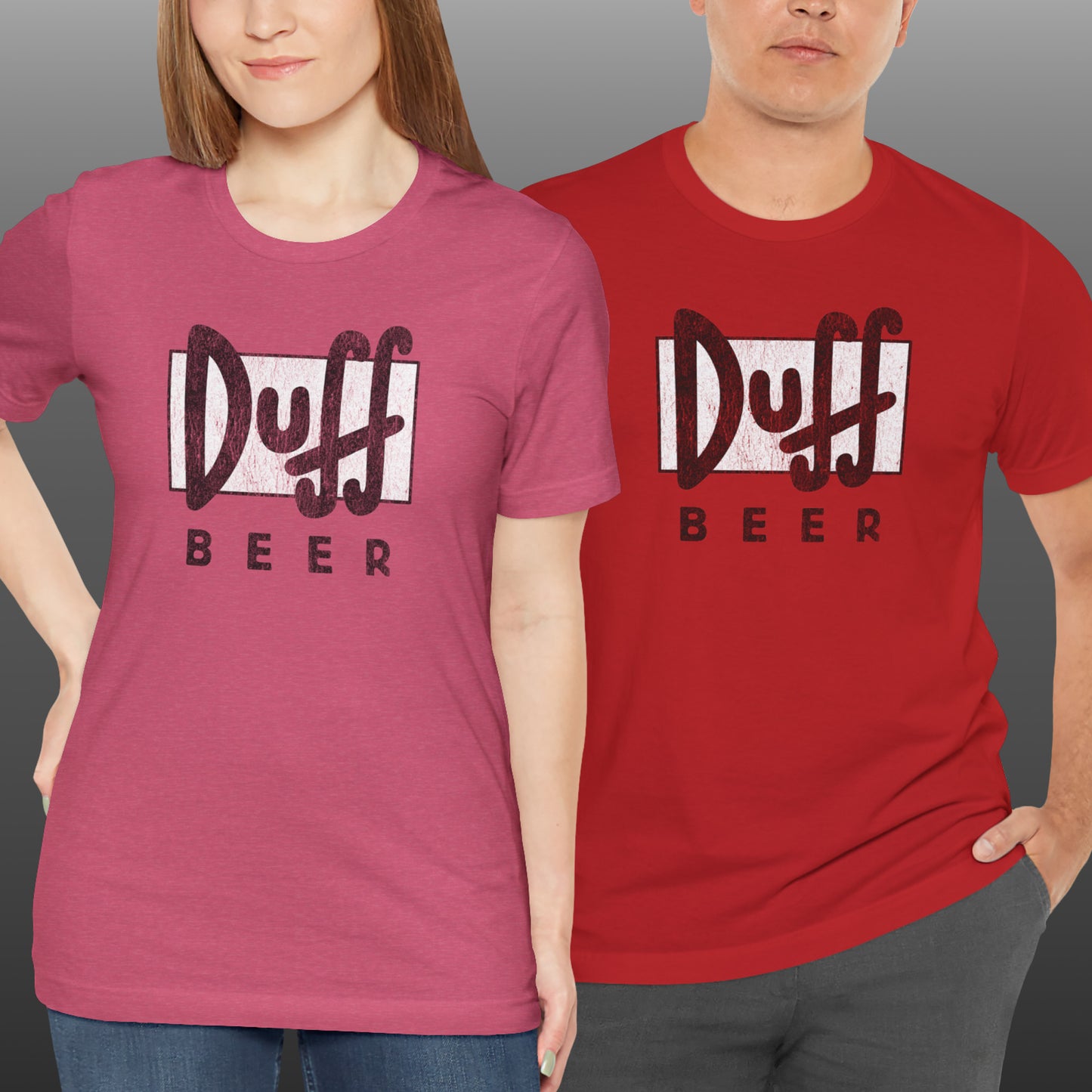 Two people wearing t-shirts featuring the Duff Beer logo from the TV Show The Simpsons in vintage distressed style.