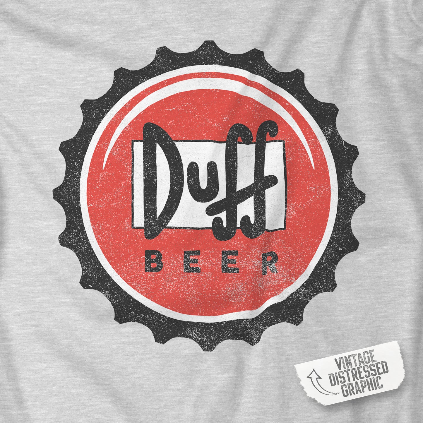 Closeup of Athletic Heather Gray t-shirt featuring the Duff Beer bottle cap logo from the TV Show The Simpsons in vintage distressed style.
