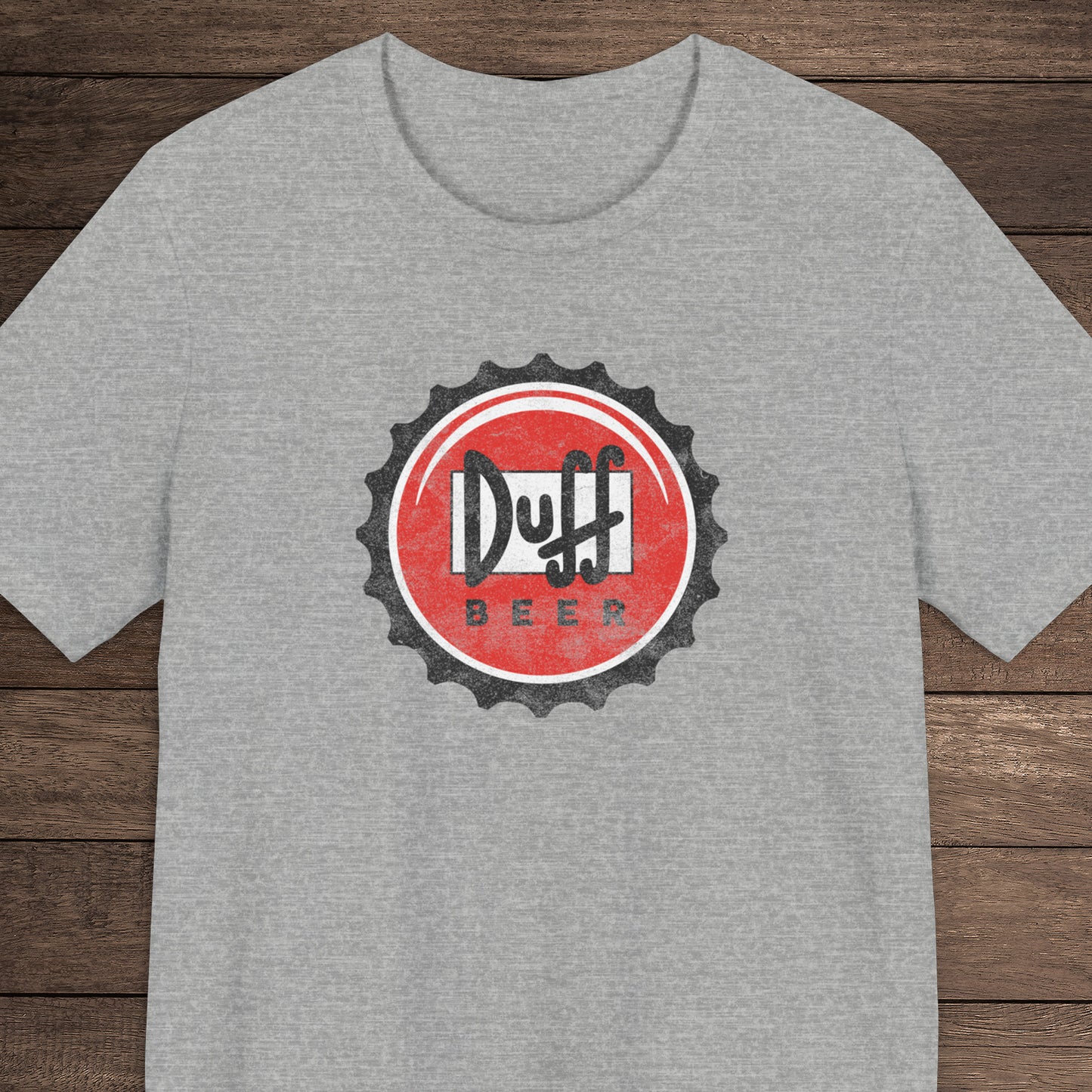 Athletic heather gray t-shirt featuring the Duff Beer bottle cap logo from the TV Show The Simpsons in vintage distressed style.