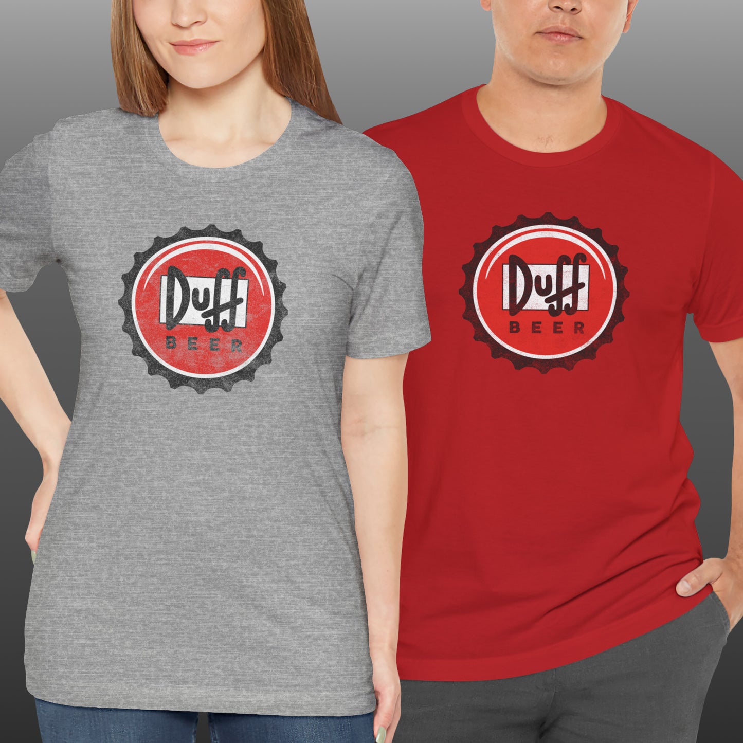 Two people wearing t-shirts featuring the Duff Beer bottle cap logo from the TV Show The Simpsons in vintage distressed style.