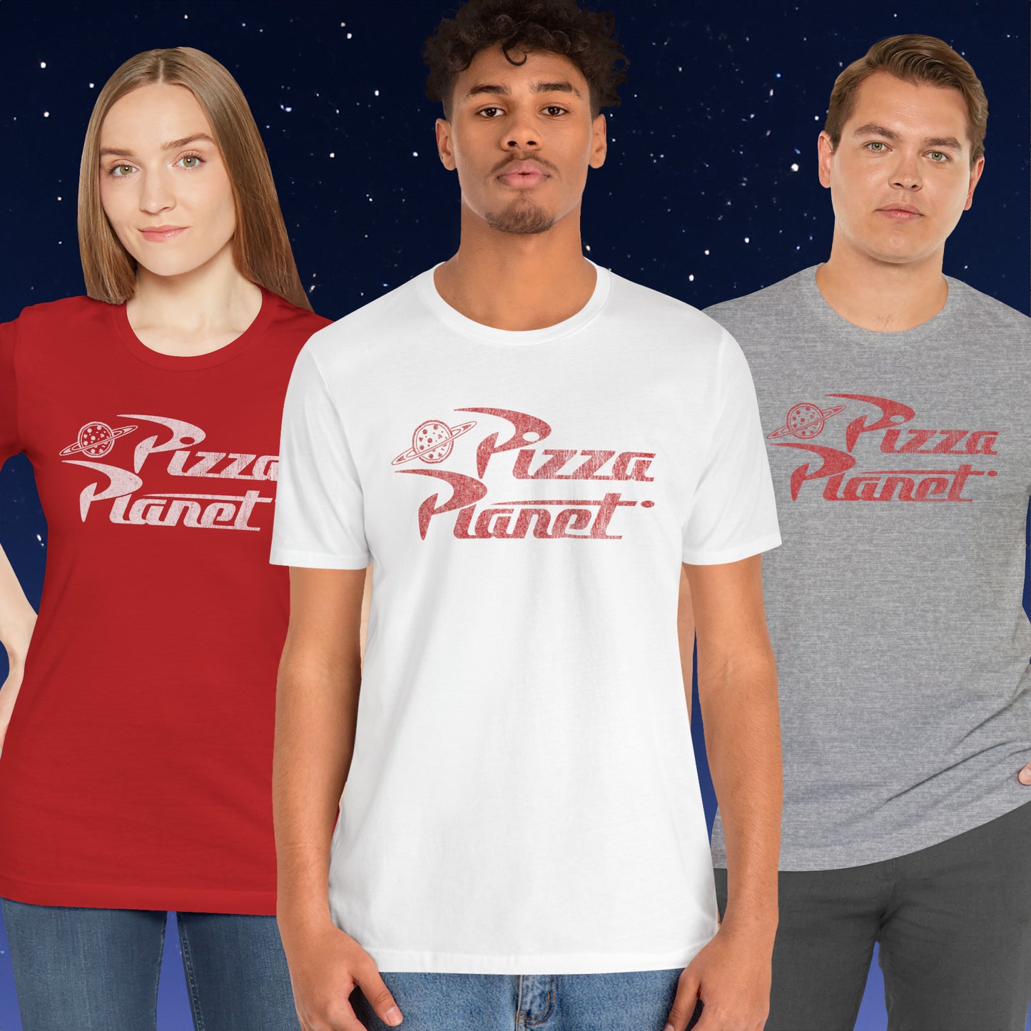Three people wearing t-shirts with distressed Pizza Planet logo inspired by the Toy Story movies.