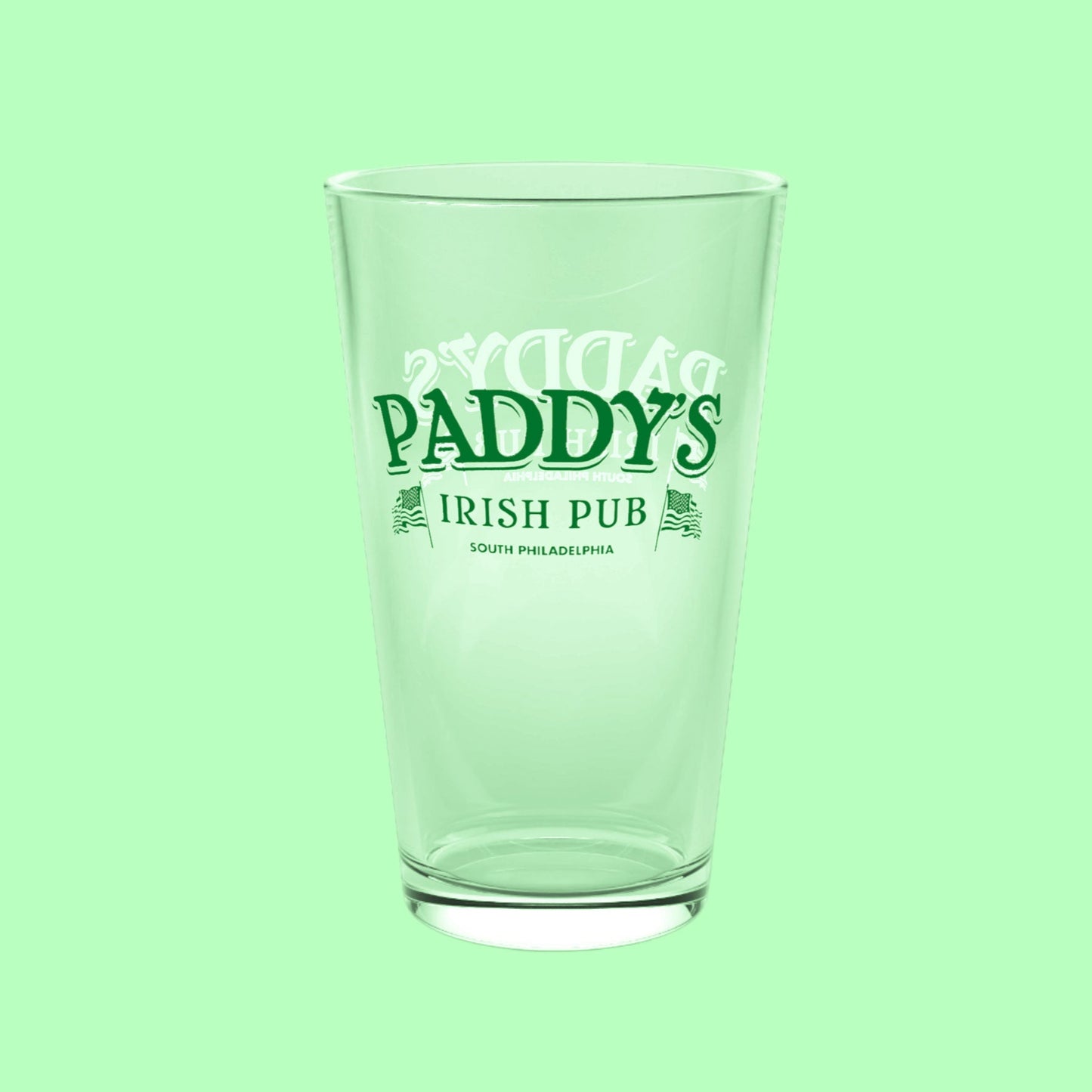 16 ounce clear pint glass with the Paddy's Pub logo from the TV Show Its Always Sunny in Philadelphia printed on both sides