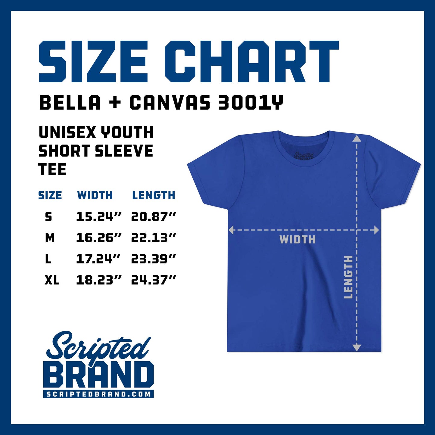 Size Chart of the Bella+Canvas 3001Y Soft Unisex Youth Short Sleeve Tee t-shirt sold by ScriptedBrand.
