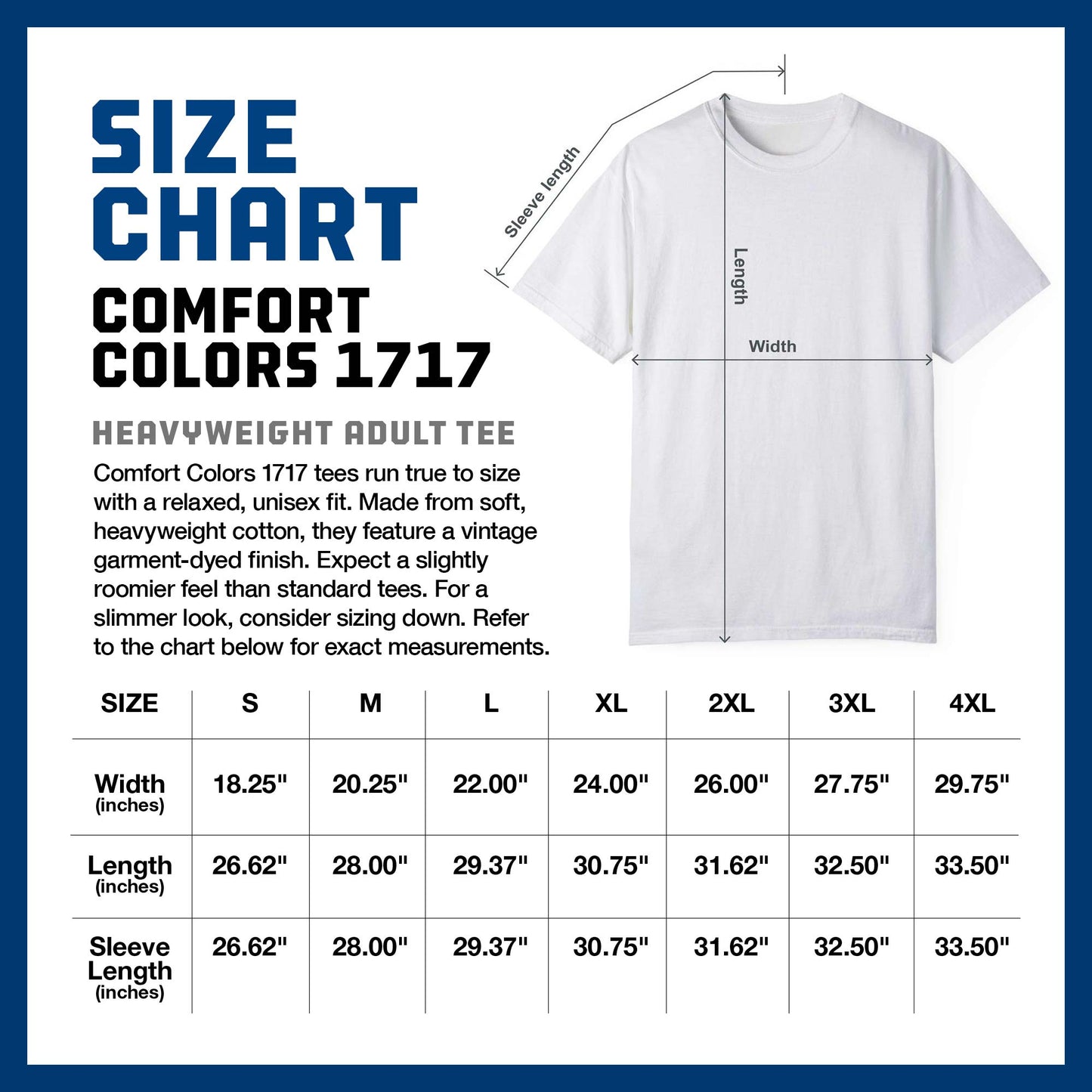 Size Chart of the Comfort Colors 1717 Heavyweight Adult Tee sold by ScriptedBrand.