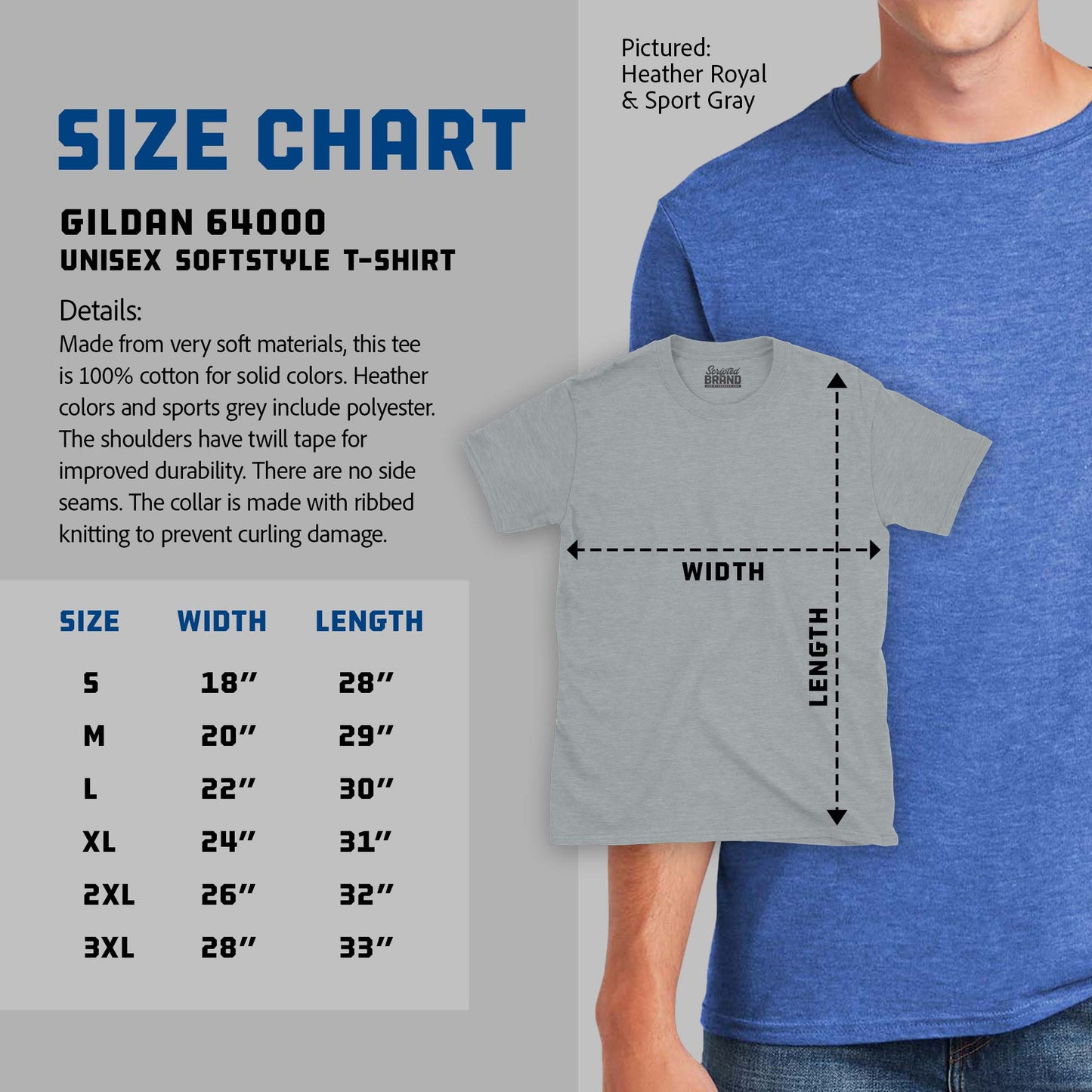 Size Chart of the Gildan 64000 Unisex Softstyle t-shirt, sold by ScriptedBrand.